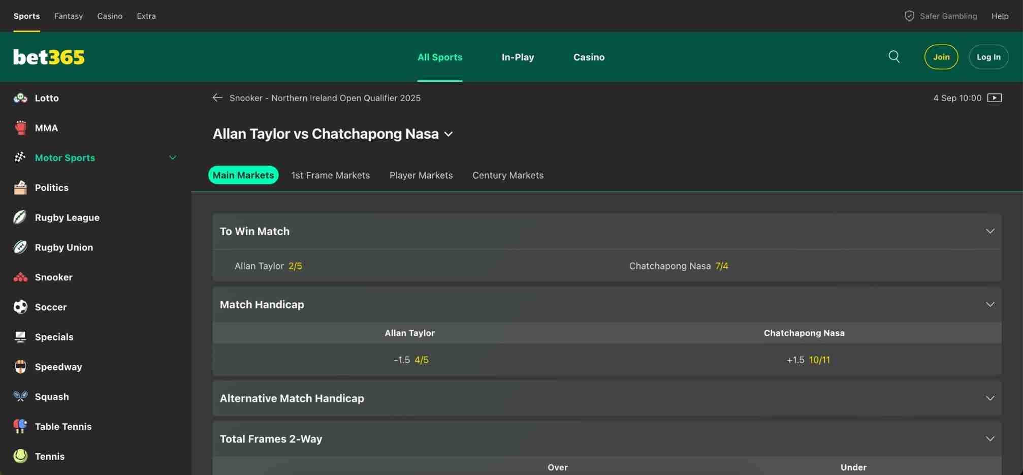 Bet365 snooker betting markets for Allan Taylor vs Chatchapong Nasa with match odds, handicap, and frame bets displayed.
