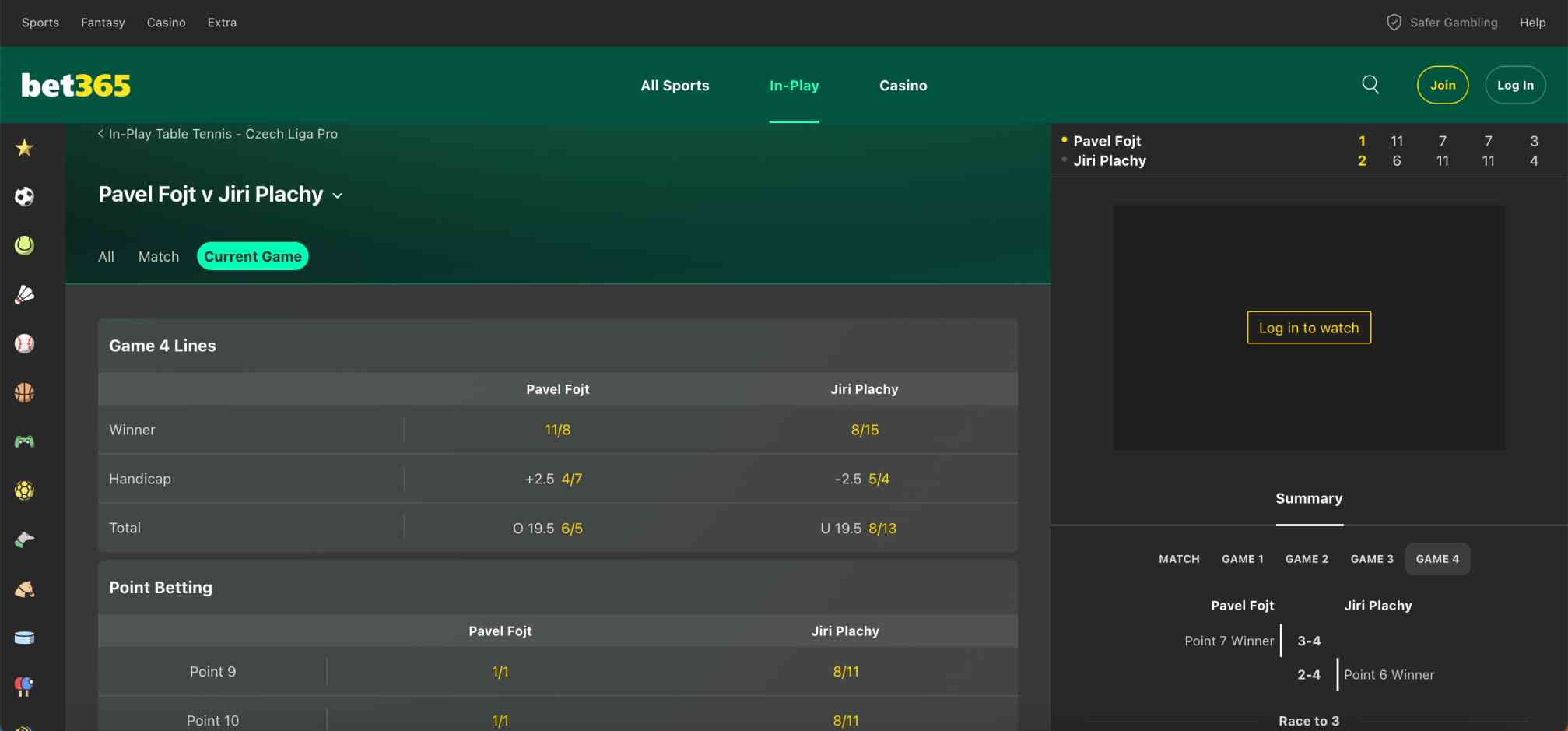 Bet365 live betting screen for a Czech Liga Pro table tennis match between Pavel Fojt and Jiri Plachy, example of bet placement delays like Bet365 withdrawal pending for more than 24 hours.