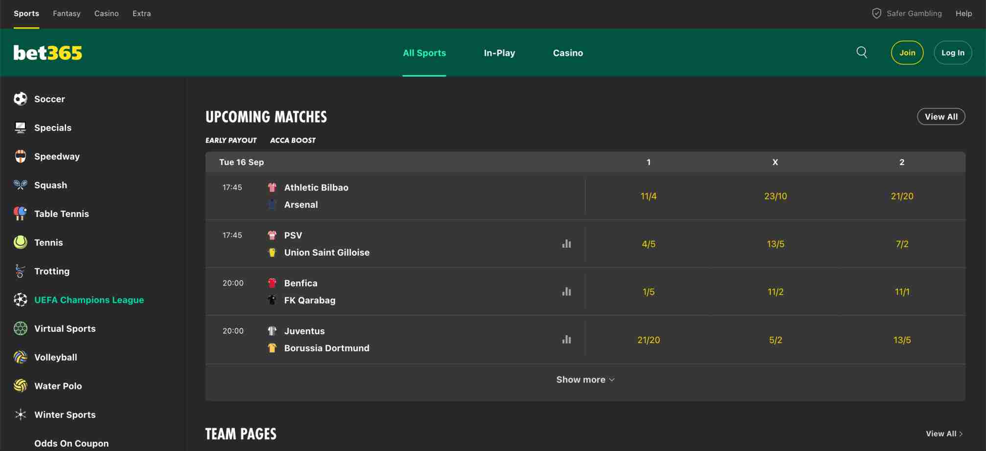 Upcoming UEFA Champions League matches and betting odds displayed on Bet365 with features like early payout and acca boost.