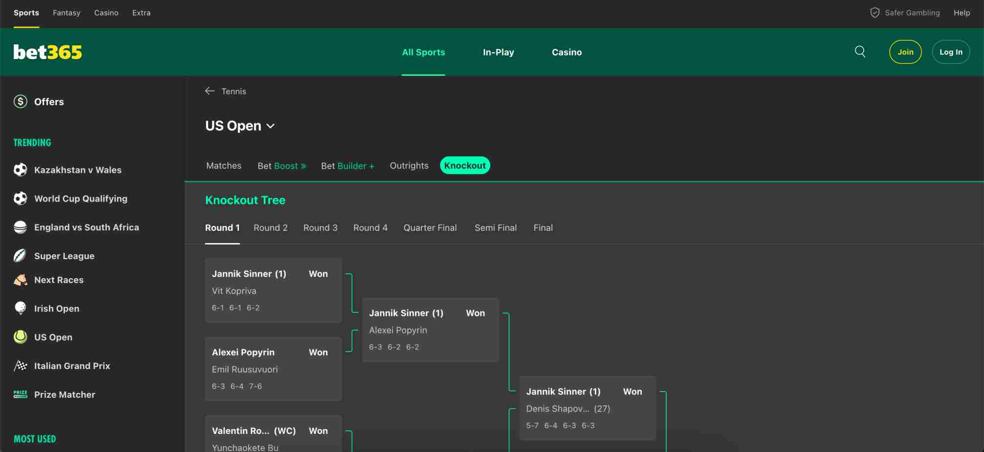 Bet365 accumulator betting screen with US Open tennis knockout tree and Jannik Sinner results