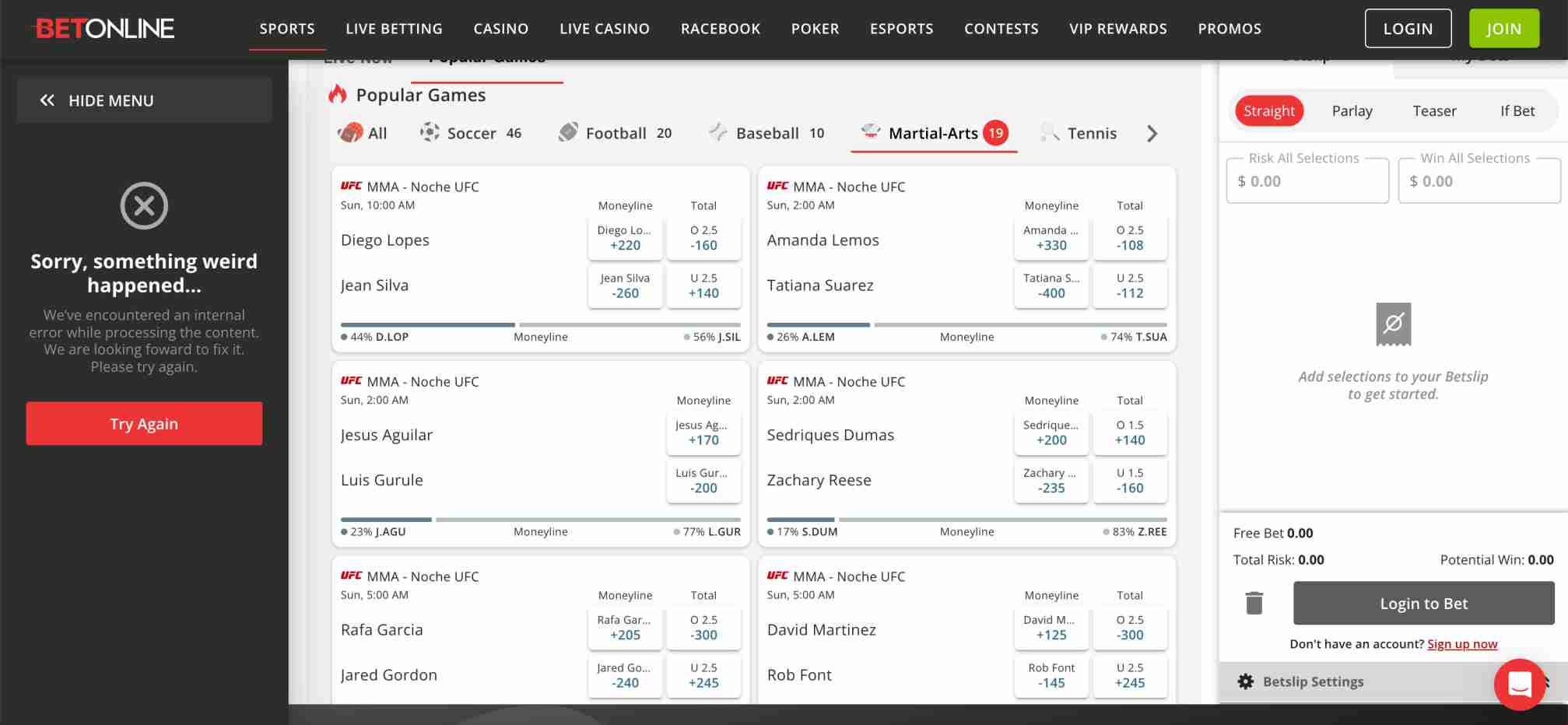 BetOnline internal error message with upcoming MMA betting odds displayed
