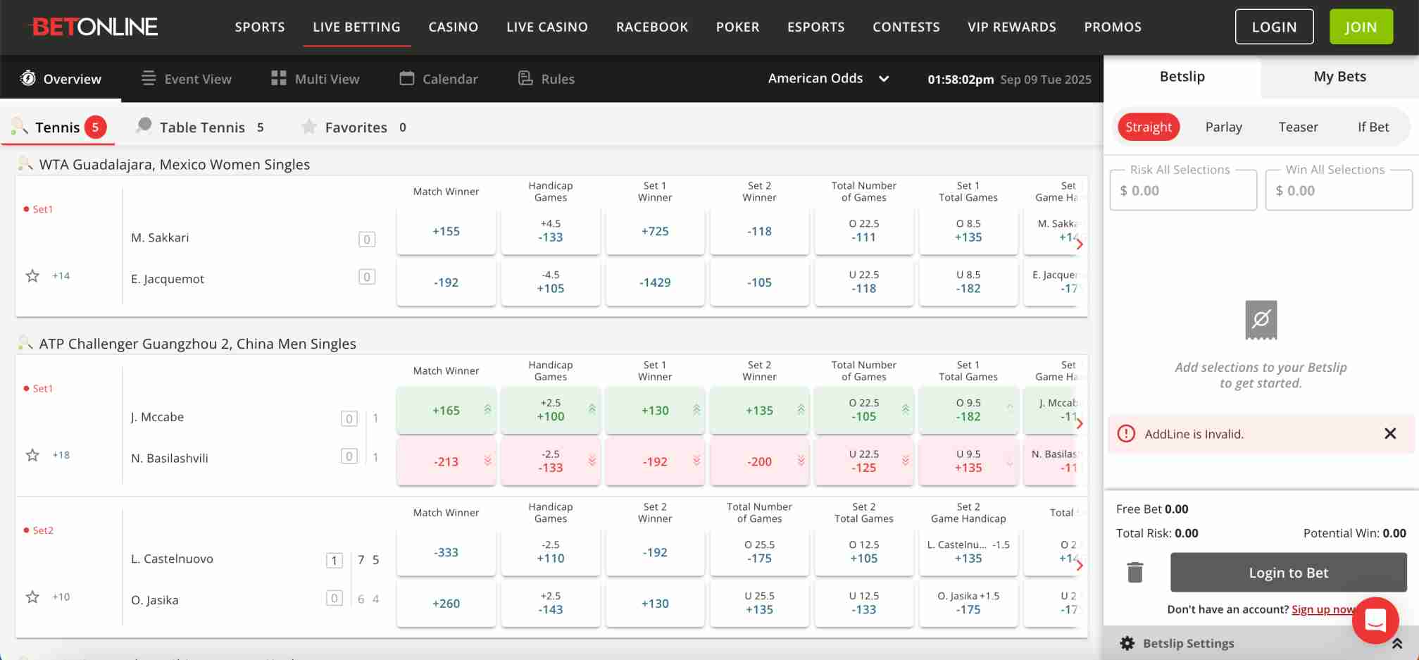 BetOnline live betting tennis odds for WTA Guadalajara and ATP Challenger Guangzhou matches with betting markets – BetOnline Visa deposit Nigeria