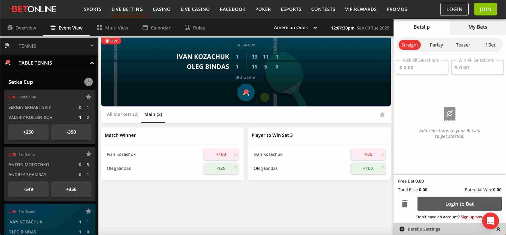 BetOnline Setka Cup table tennis match odds displayed on live betting screen.