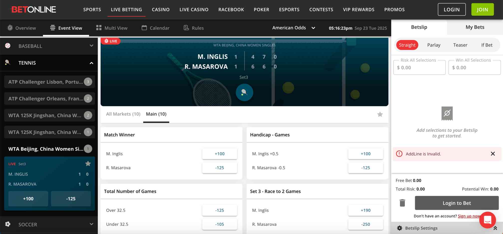 BetOnline tennis betting interface during live WTA Beijing match between Inglis and Masarova with market options and betslip.