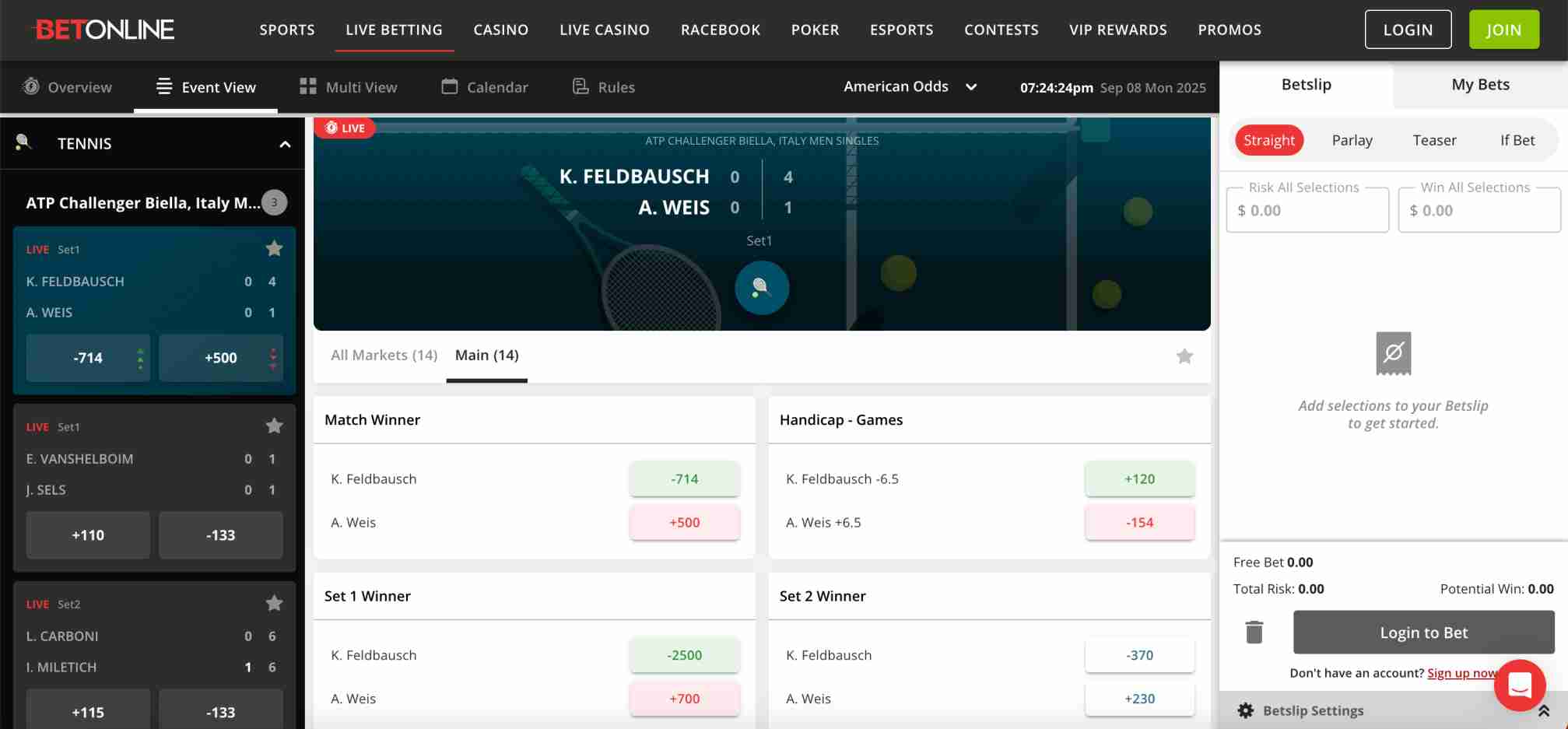 BetOnline live betting interface for ATP Challenger Biella tennis match between K. Feldbausch and A. Weis with match odds and set winner options.