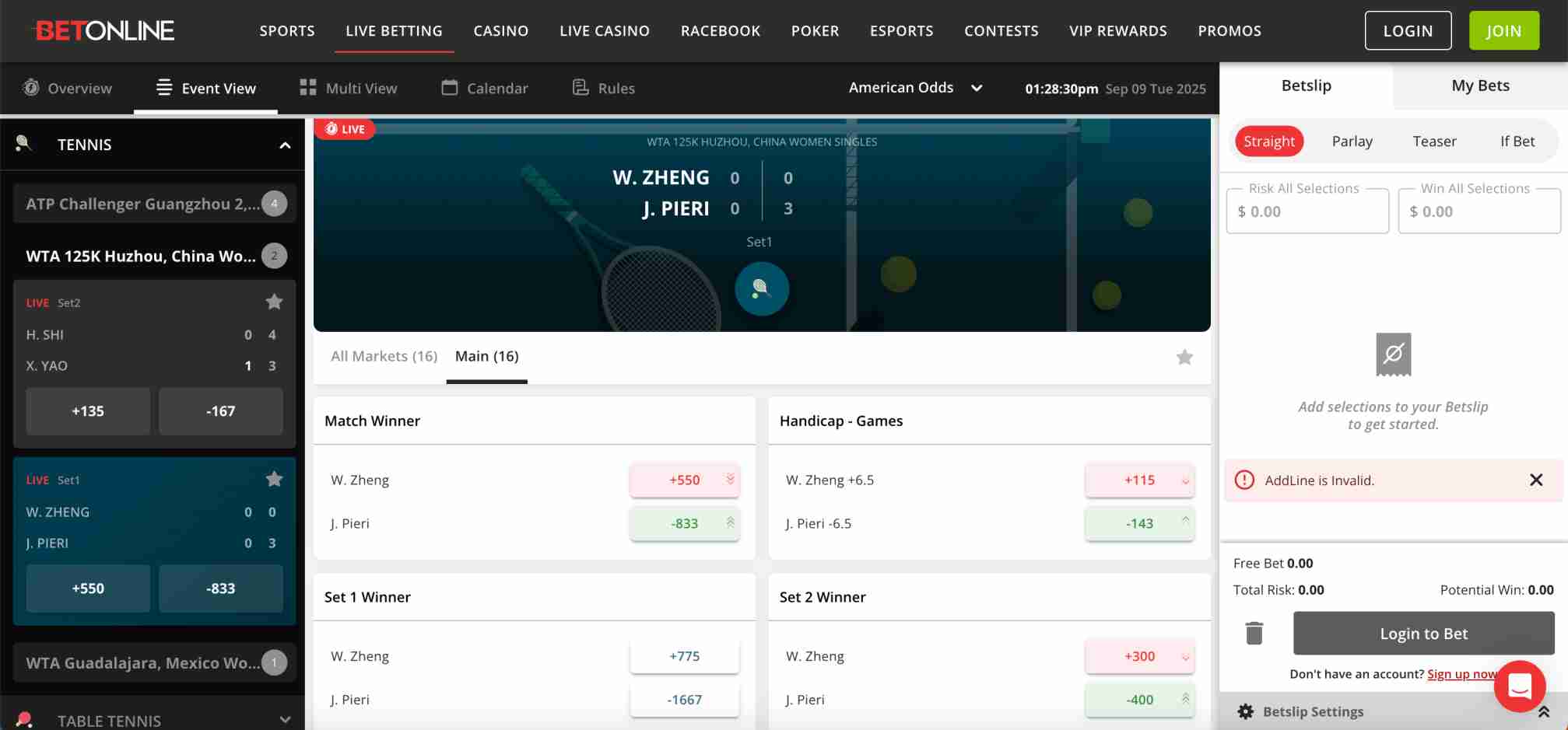BetOnline live betting interface displaying tennis match odds between W. Zheng and J. Pieri with invalid betslip message.