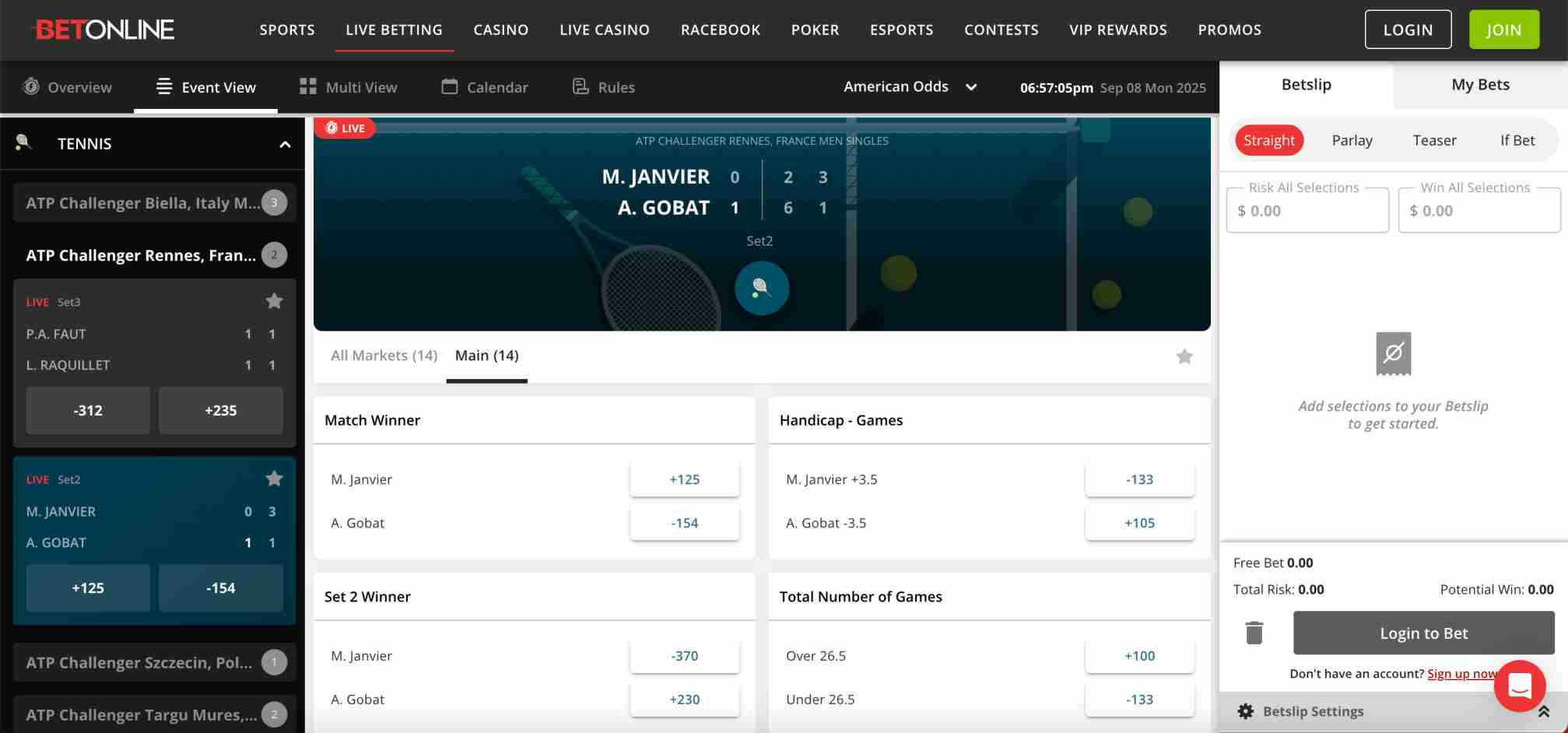 BetOnline sportsbook interface showing live tennis match betting markets and wager options