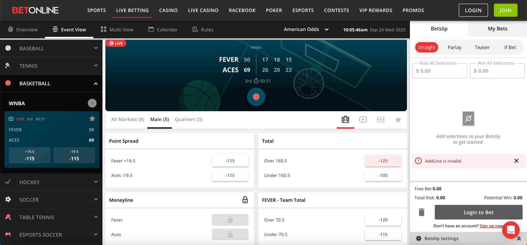 BetOnline WNBA live odds screen with Fever vs Aces point spread and totals betting markets