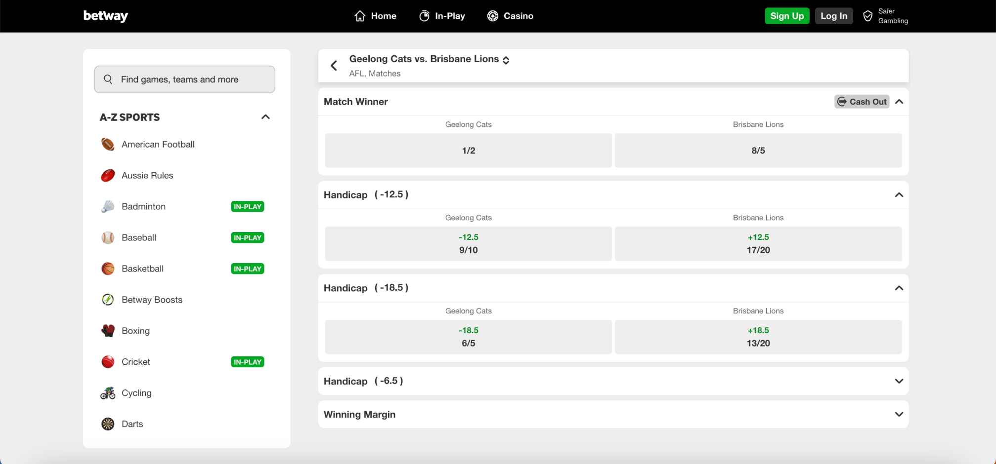Betway AFL betting screen with Geelong Cats vs Brisbane Lions match odds including handicaps and winning margin options.