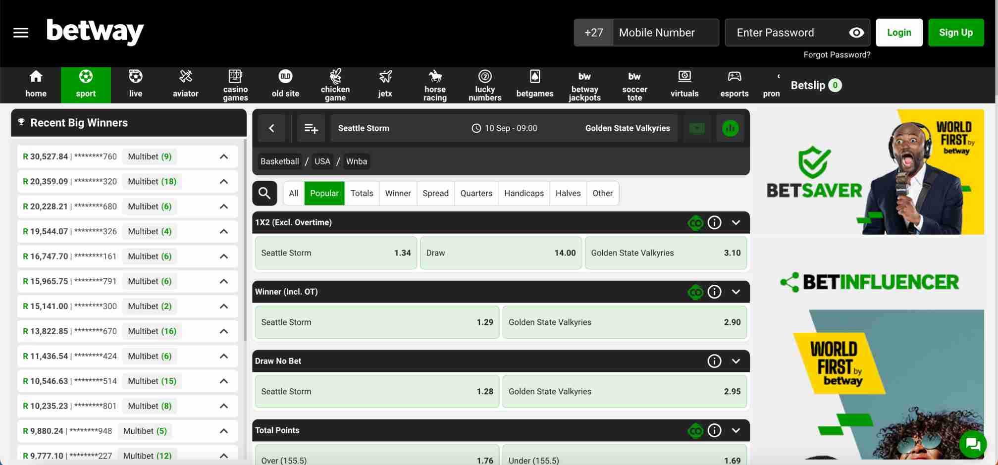 etway basketball betting page with Seattle Storm vs Golden State Valkyries odds and markets
