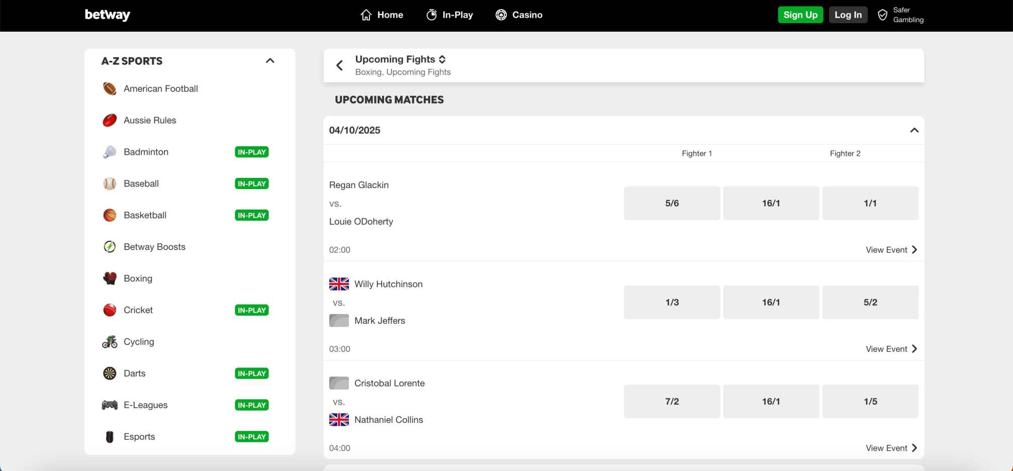 Betway boxing betting odds for upcoming fights including Regan Glackin vs Louie O’Doherty and Willy Hutchinson vs Mark Jeffers.