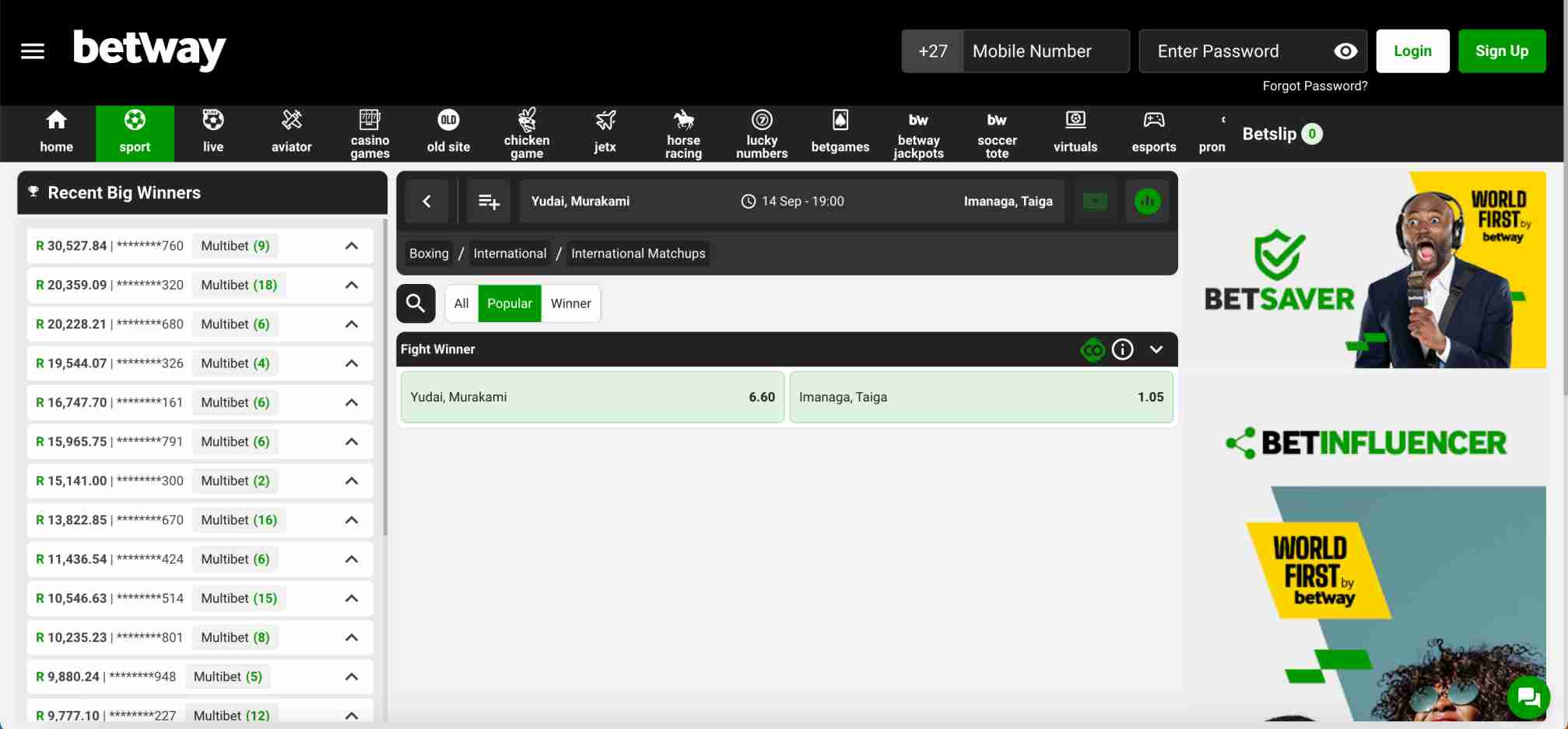 Betway boxing betting screen with Yudai Murakami vs Taiga Imanaga fight winner odds.