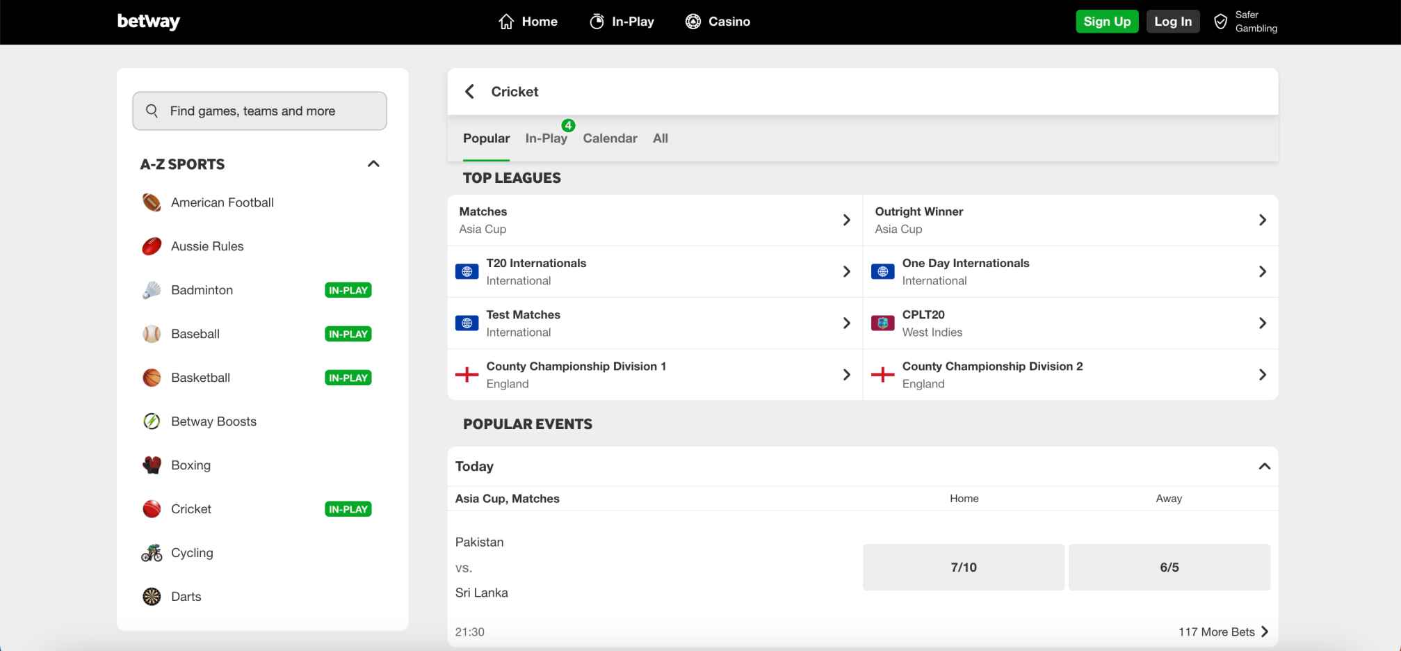 Betway cricket betting page displaying top leagues, Asia Cup matches, and odds, explaining what happens if a cricket match is tied in Betway.