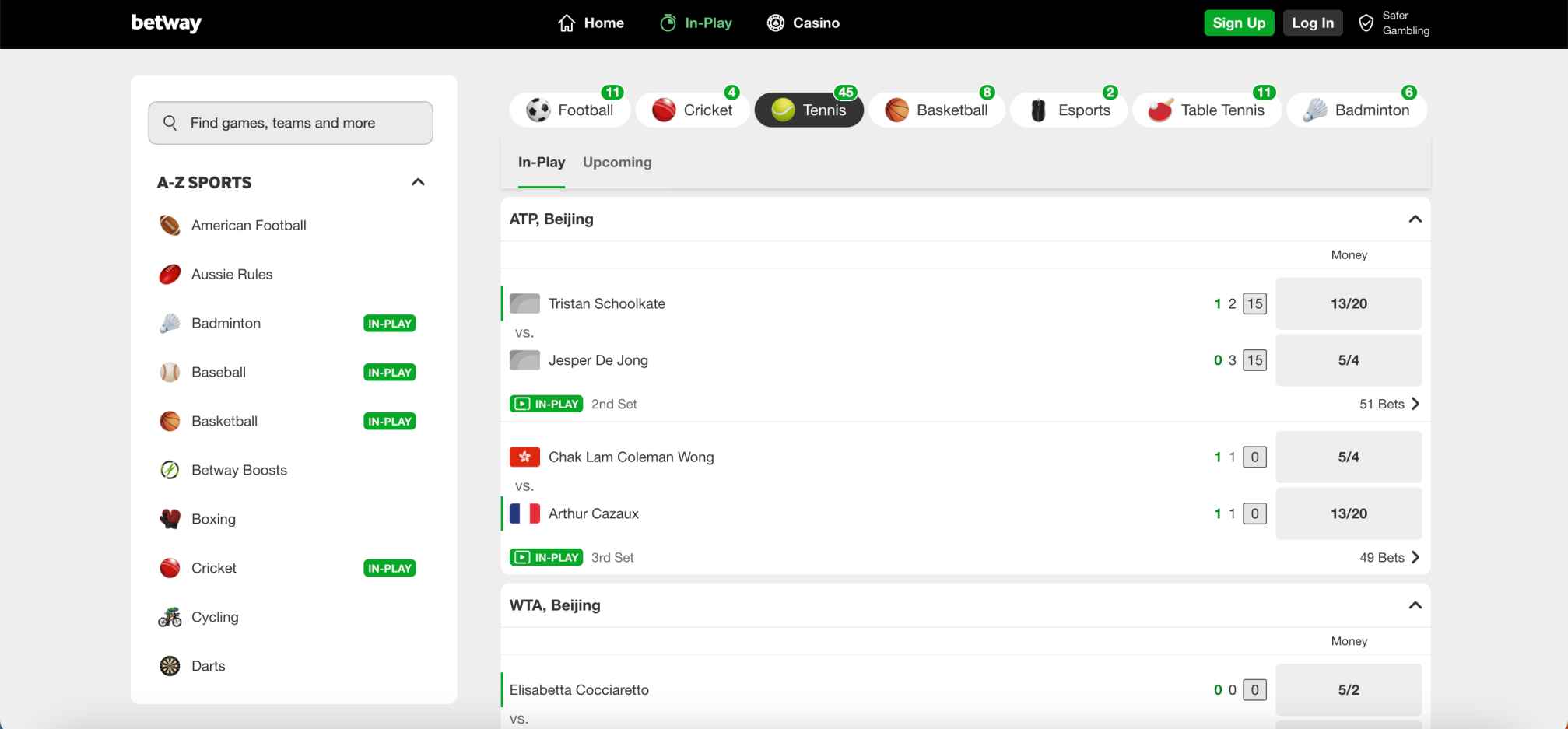 Betway in-play betting screen for ATP Beijing tennis matches with live odds and player names.