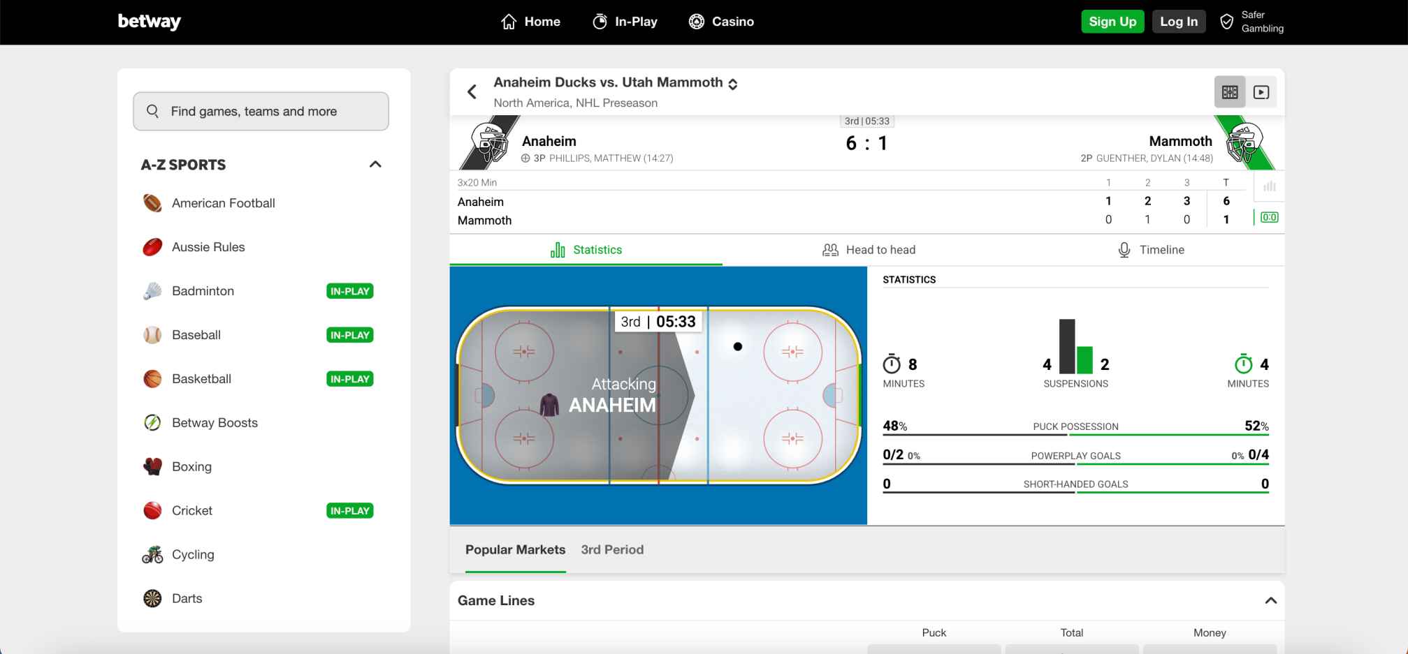 Betway live betting screen of Anaheim Ducks vs Utah Mammoth hockey game with in-play stats and odds.