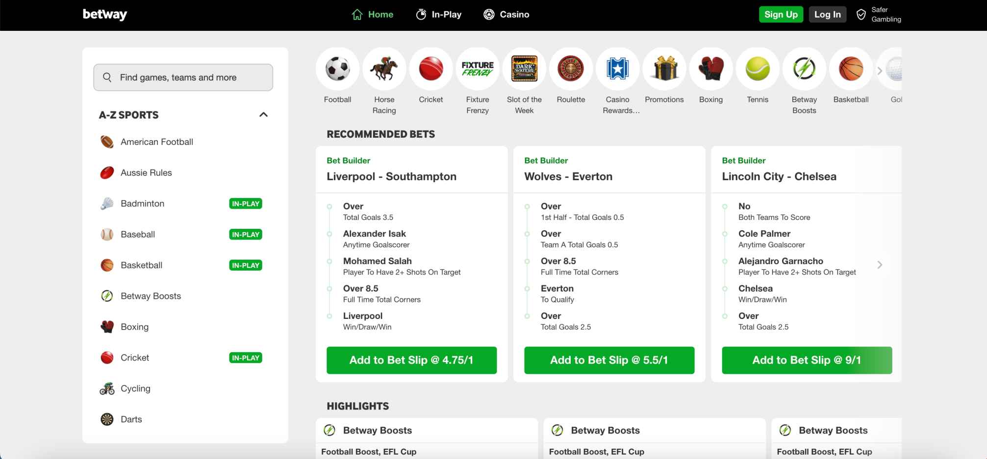 Betway recommended football bets including Liverpool, Wolves, and Chelsea matches