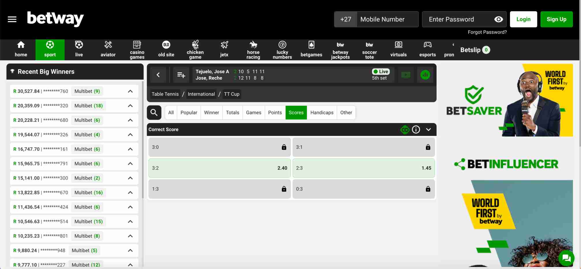 Betway live betting screen for table tennis TT Cup match with correct score odds displayed