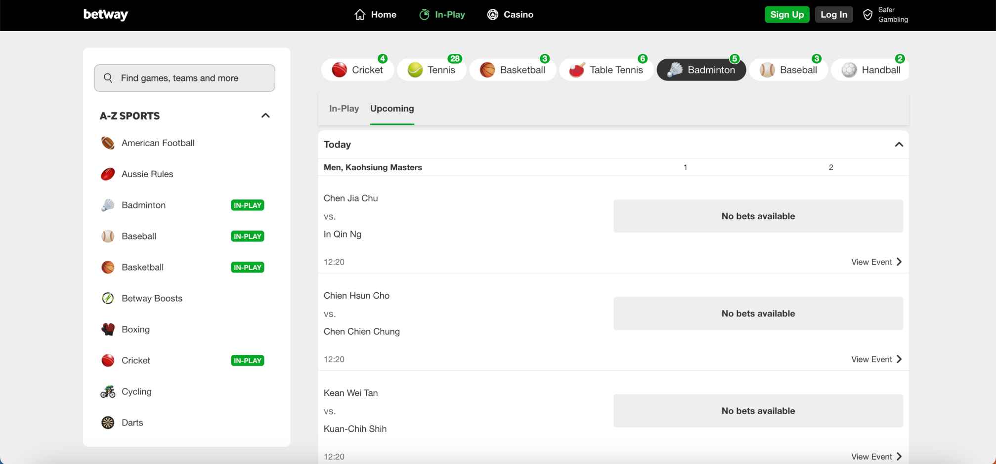 Betway upcoming badminton fixtures in the Kaohsiung Masters tournament displayed on the sportsbook website