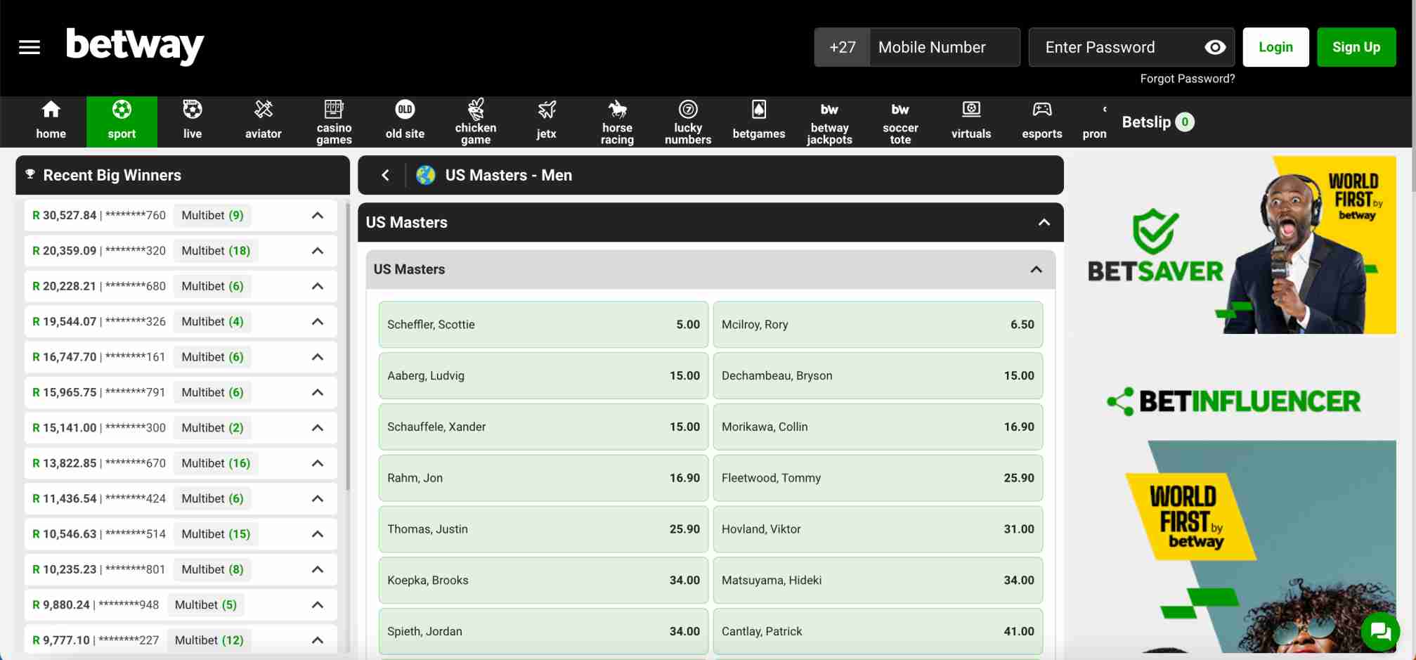 Betway US Masters betting odds for top golfers including Scottie Scheffler, Rory McIlroy, and Jon Rahm.