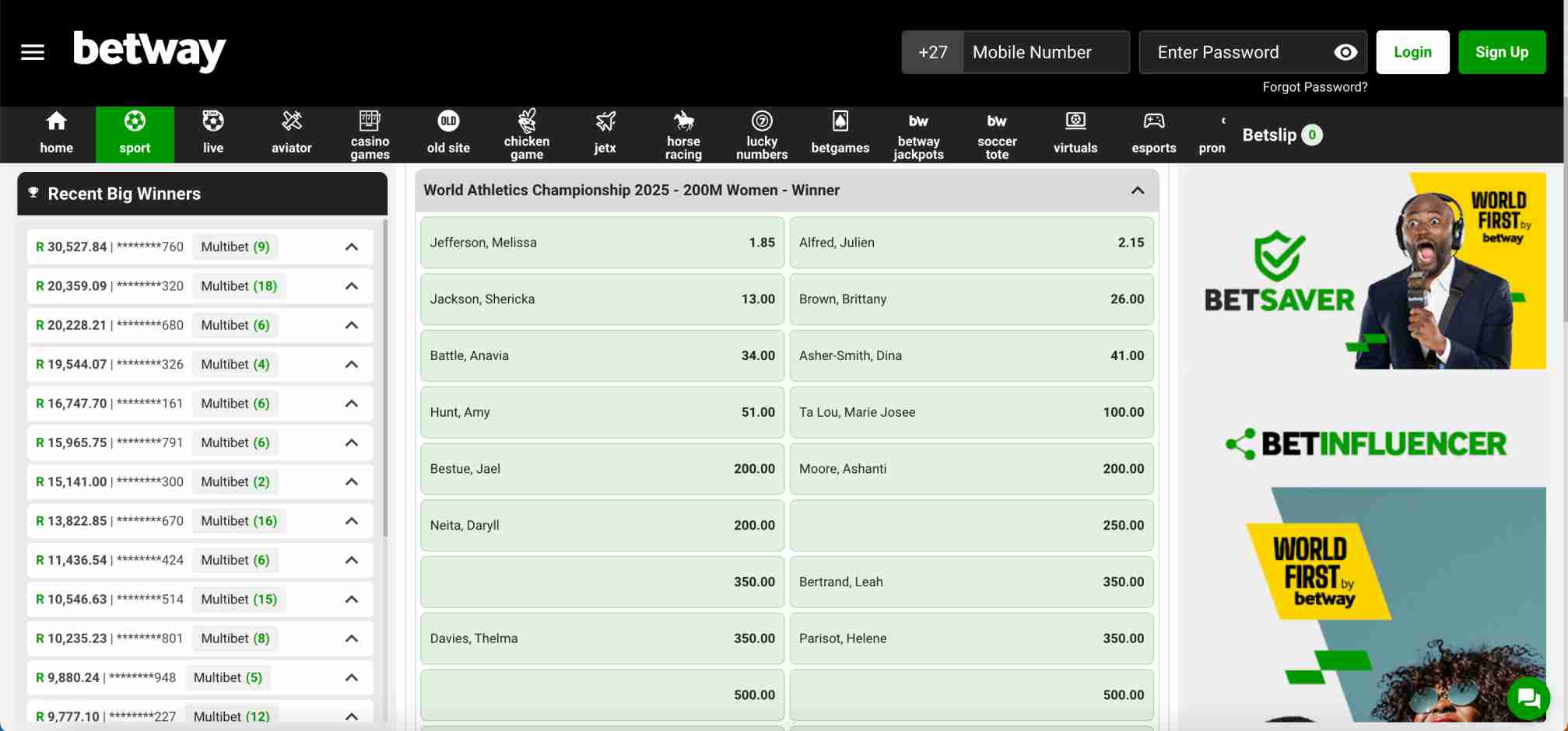 Betway betting market showing women’s 200m World Athletics Championship odds for top runners