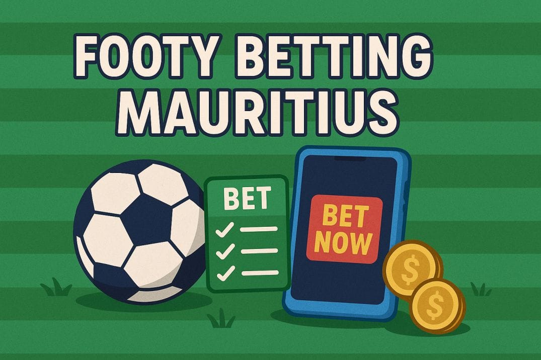 Illustration for Footy Betting Mauritius with a soccer ball, mobile phone, and betting icons