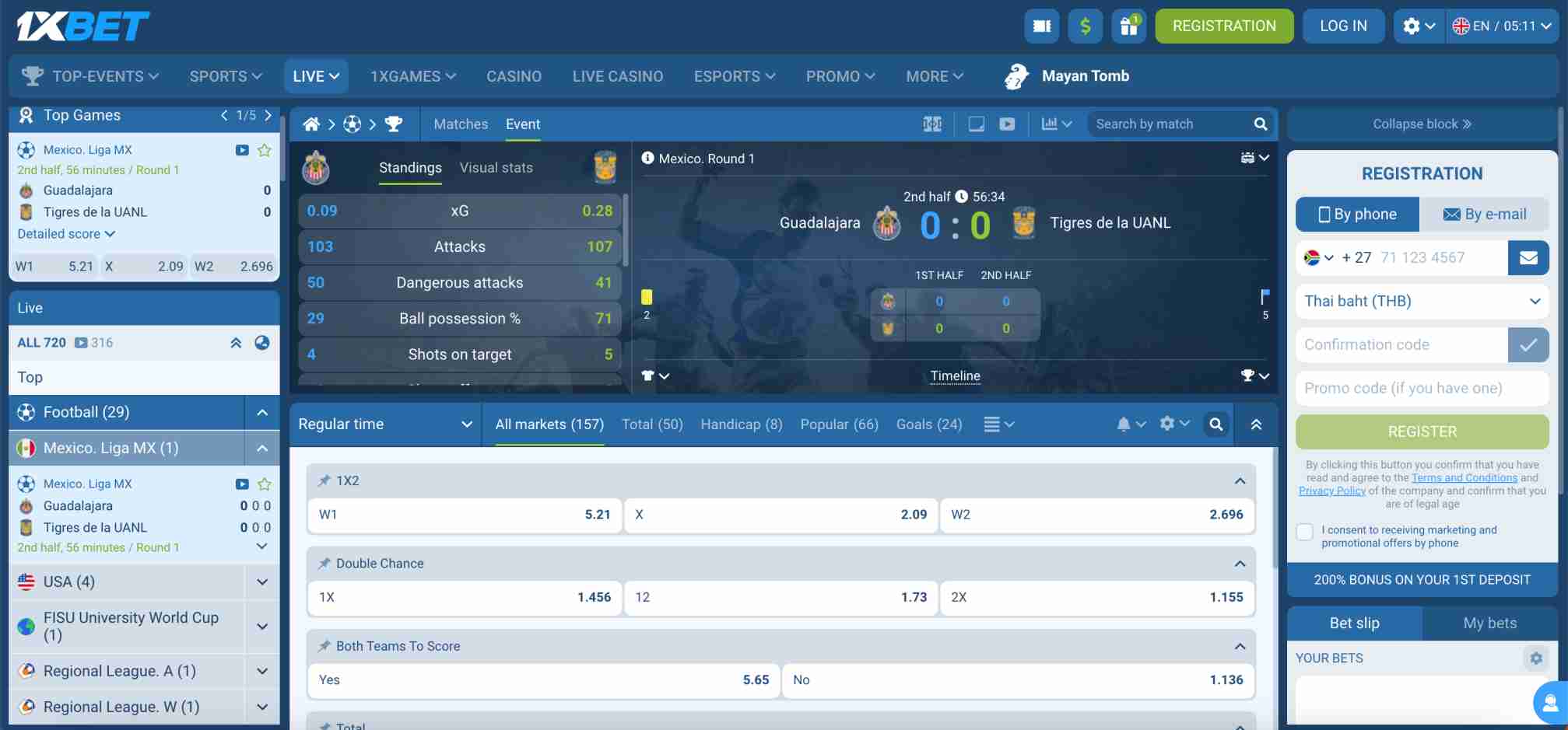 Live football match stats and betting options for Guadalajara vs Tigres on 1xBet interface