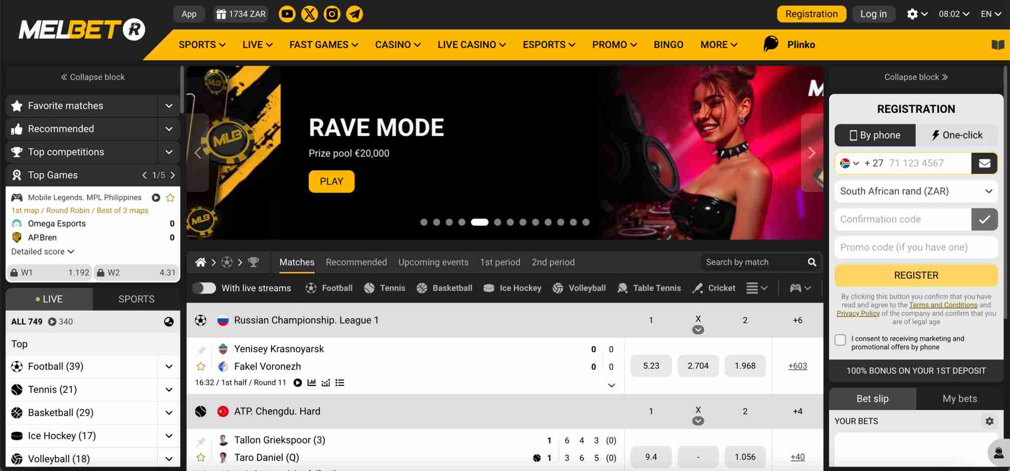 Melbet online sports betting site featuring football, tennis, and live casino options for Footy Betting Mauritius