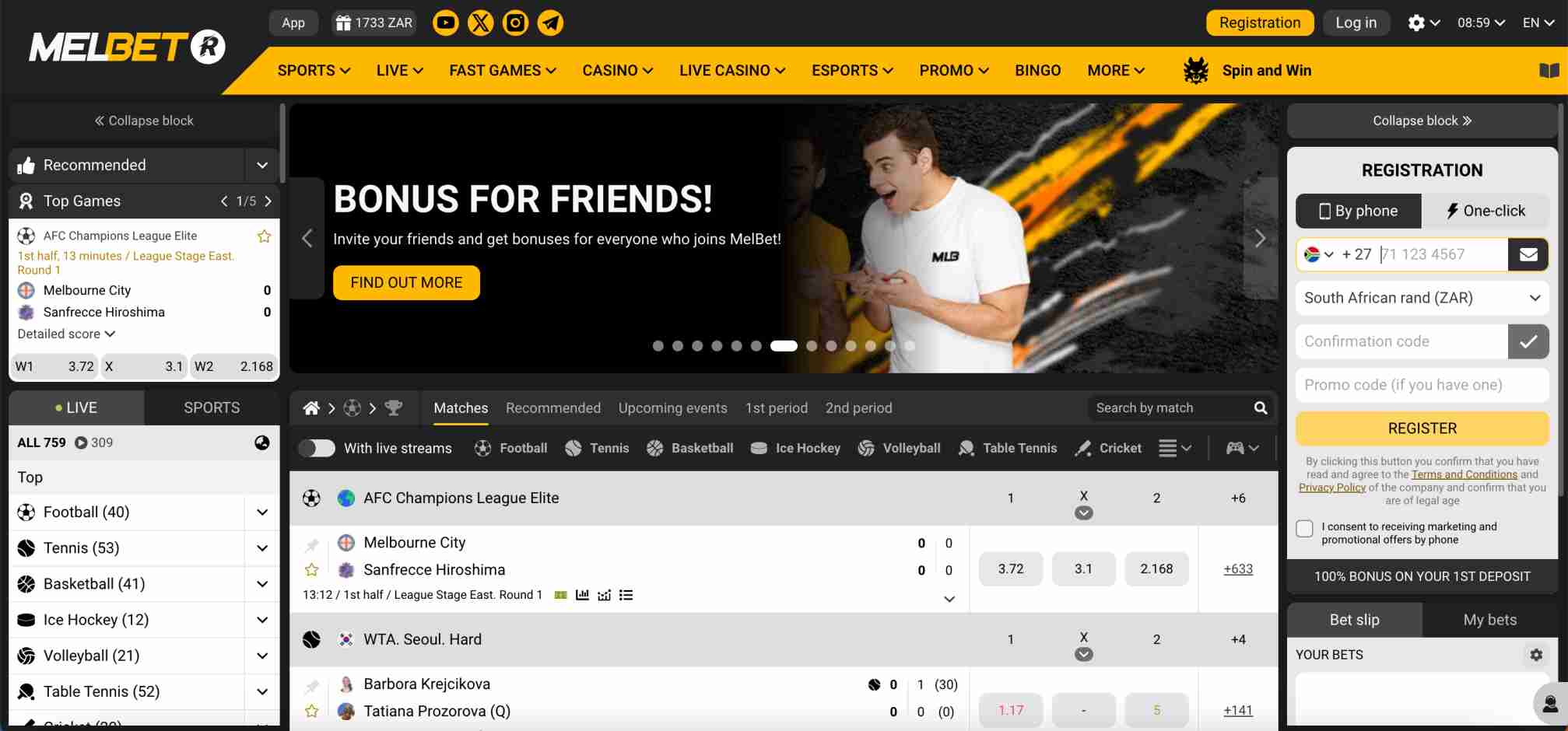 Melbet Mauritius website screenshot showing sports betting and registration page