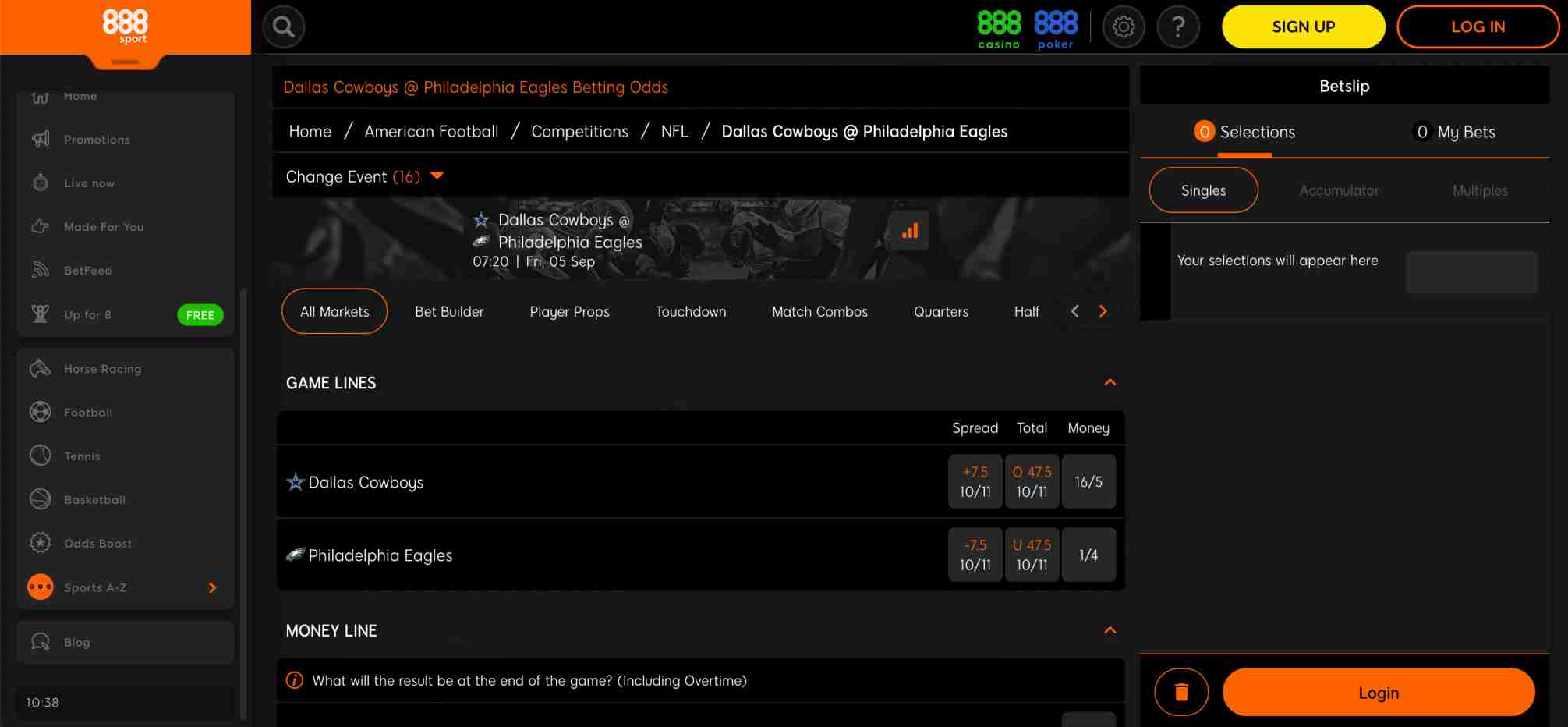 NFL betting odds for Dallas Cowboys vs Philadelphia Eagles game shown on 888sport sportsbook platform.