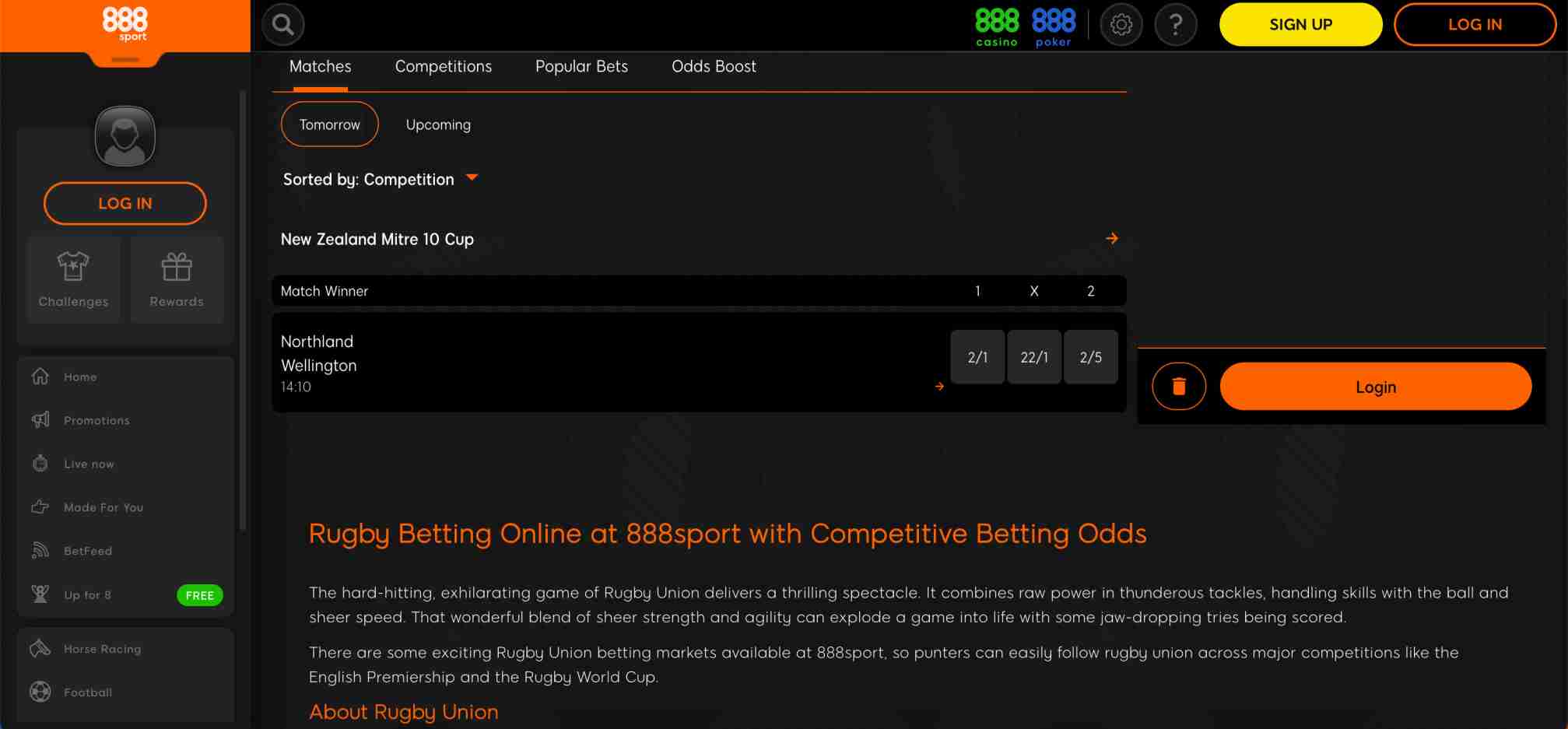 Rugby betting odds for Northland vs Wellington in the New Zealand Mitre 10 Cup displayed on 888sport platform.