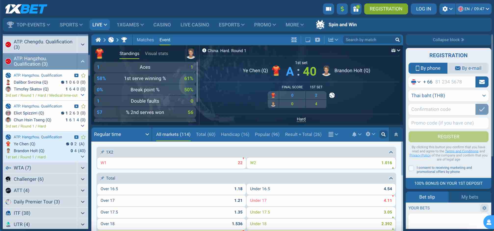 Screenshot of online sports betting platform showing live tennis match odds and payment options