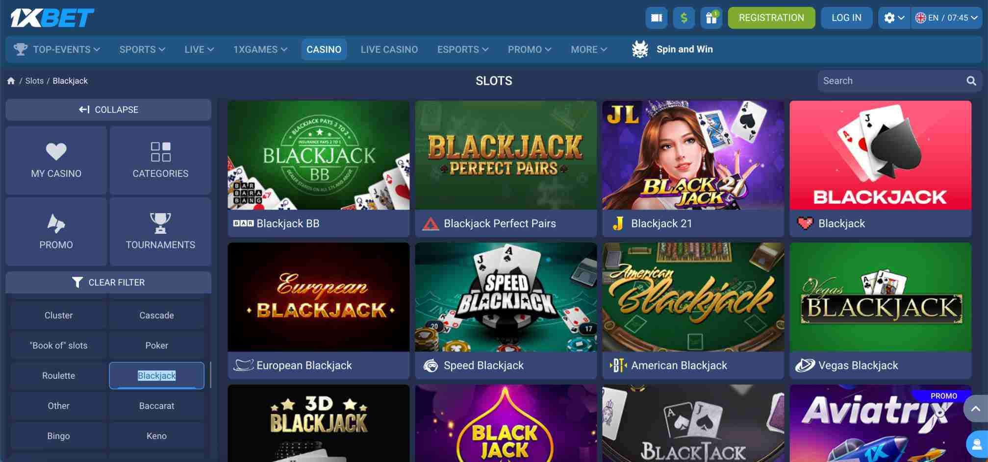 Online casino blackjack games including European, American, and speed blackjack on 1xBet