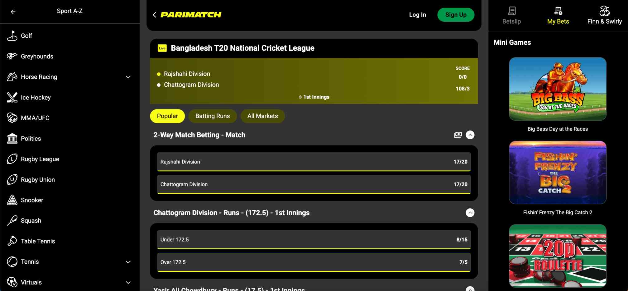Live Bangladesh T20 National Cricket League betting screen on Parimatch with match odds and runs markets – how does bet credits work Parimatch.