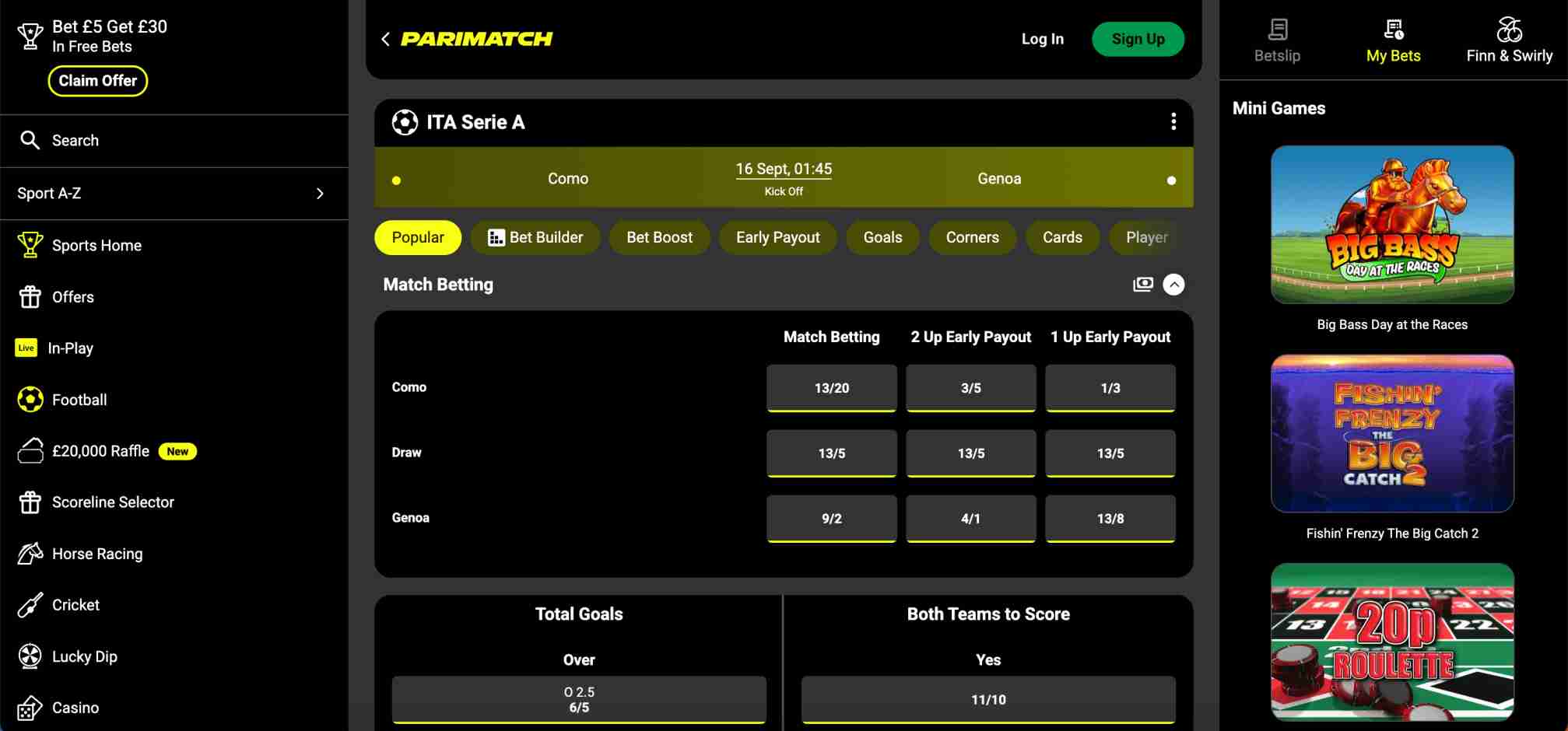 Parimatch how long for bank transfer guide with match betting odds for Como vs Genoa