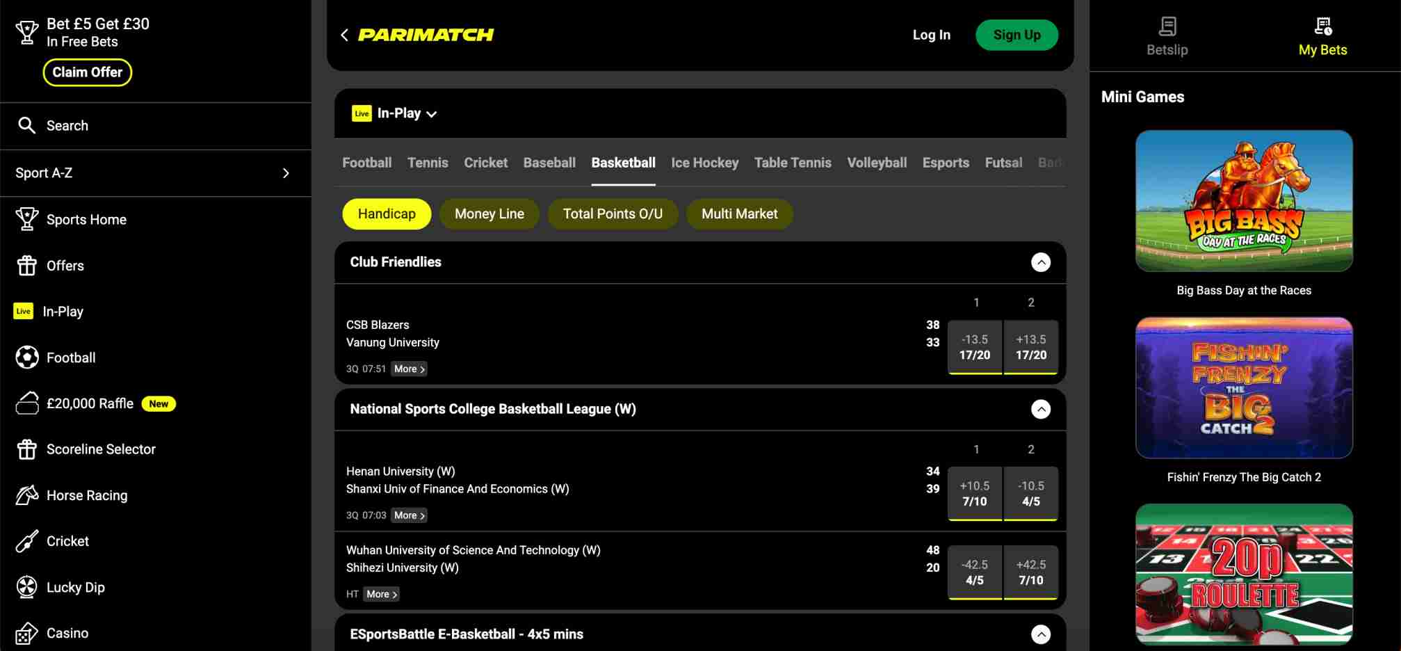 Parimatch in-play basketball betting section showing live odds and matches — a visual example for those wondering is Parimatch legal in Tennessee.