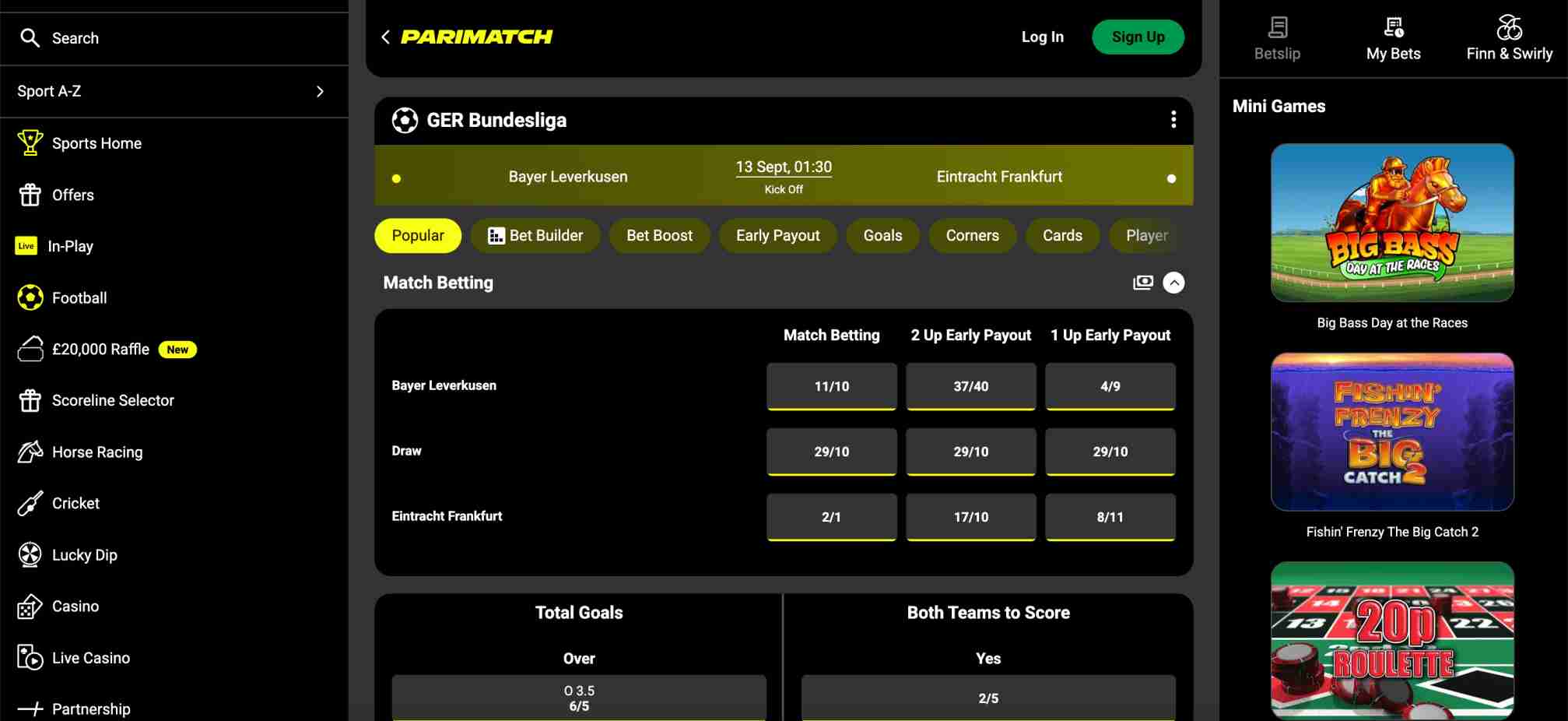 Parimatch Bundesliga betting odds for Bayer Leverkusen vs Eintracht Frankfurt with match betting and goals markets.