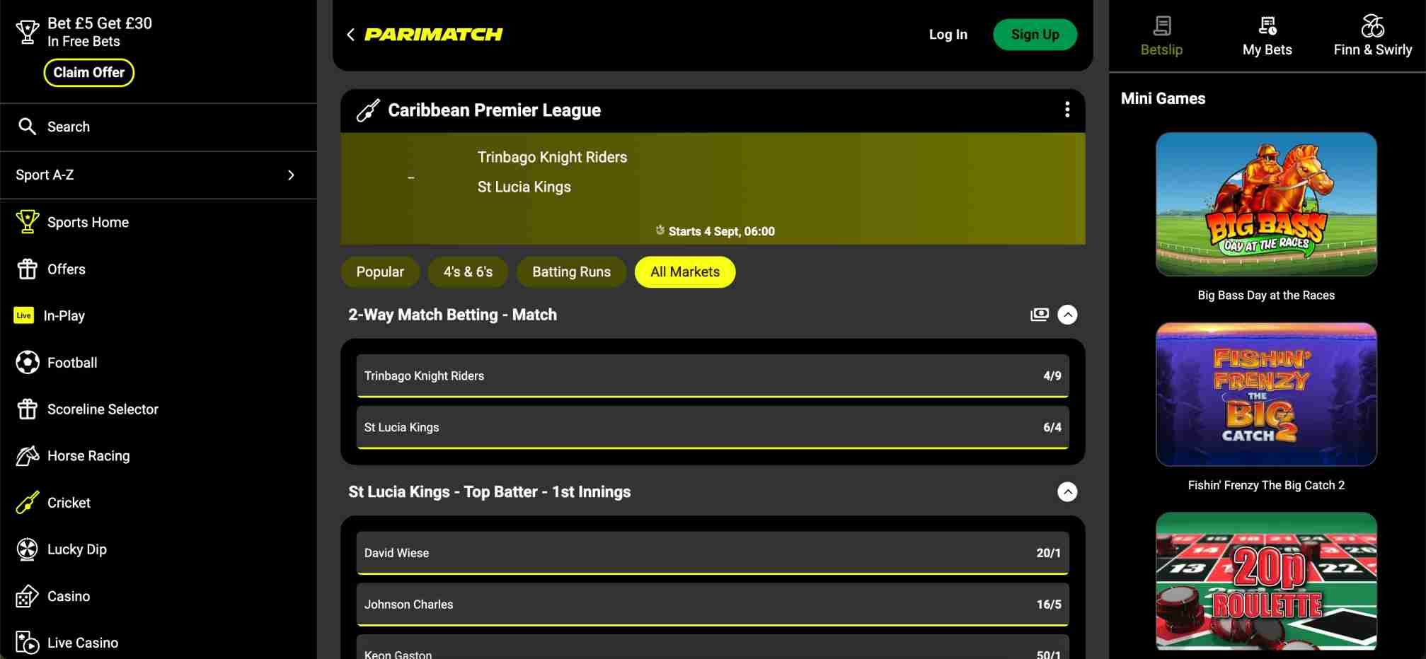 Parimatch Caribbean Premier League betting odds showing Trinbago Knight Riders vs St Lucia Kings