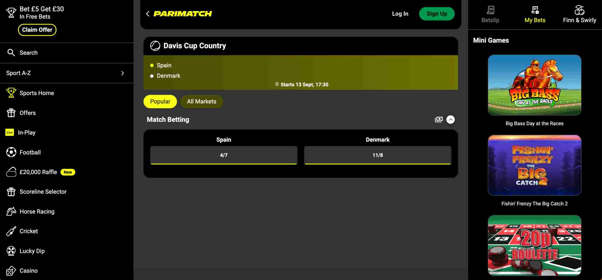 Parimatch Davis Cup country match betting odds between Spain and Denmark displayed on sportsbook interface.