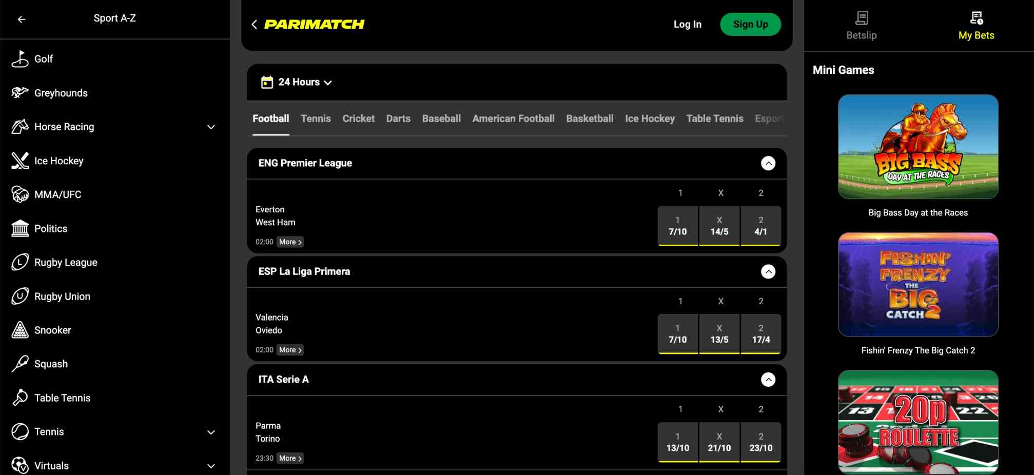 Parimatch football betting odds for Premier League, La Liga, and Serie A matches displayed on the sportsbook interface.