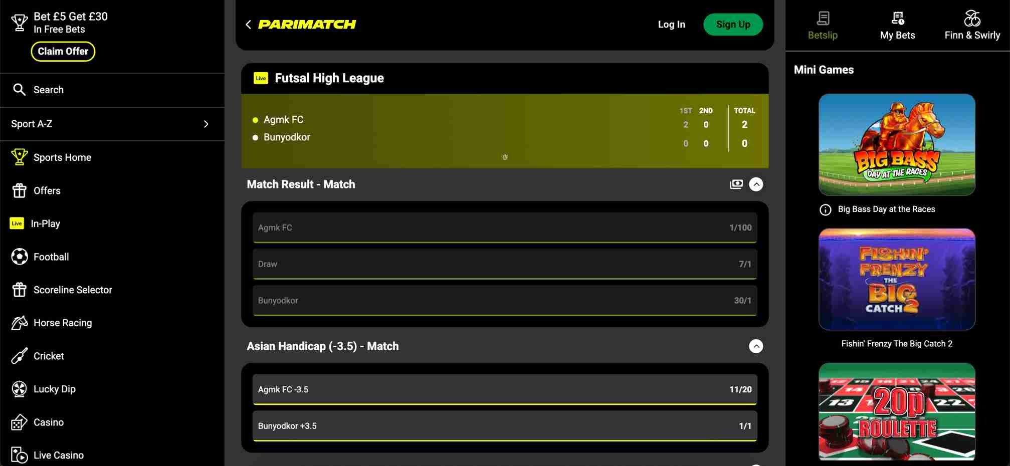 Parimatch Futsal High League live match screen with odds for Agmk FC vs Bunyodkor