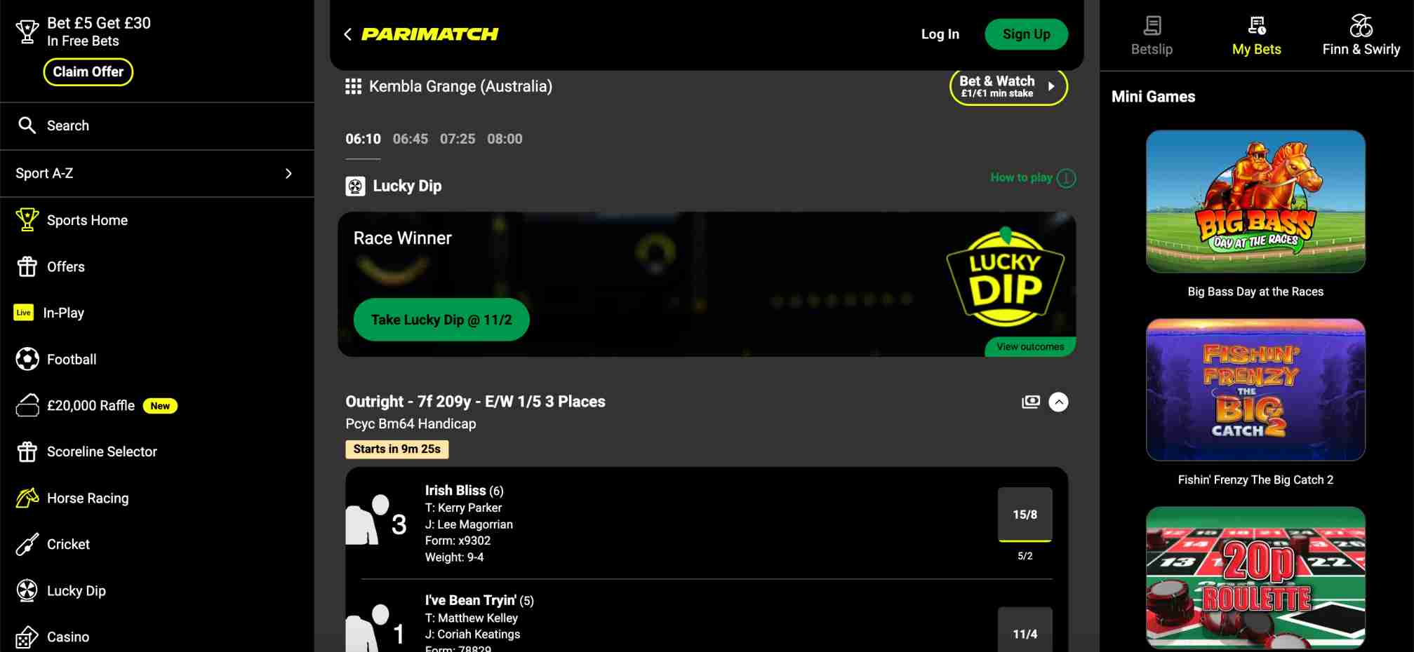 Parimatch horse racing betting markets showing Lucky Dip and race winner odds at Kembla Grange.