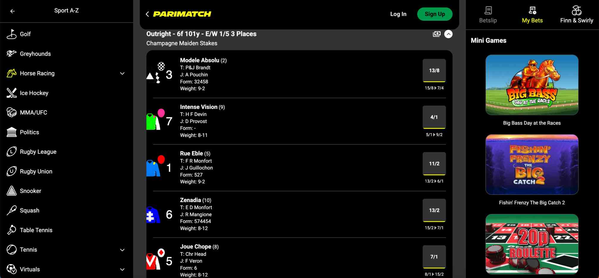 Parimatch horse racing odds and betting markets displayed for Champagne Maiden Stakes