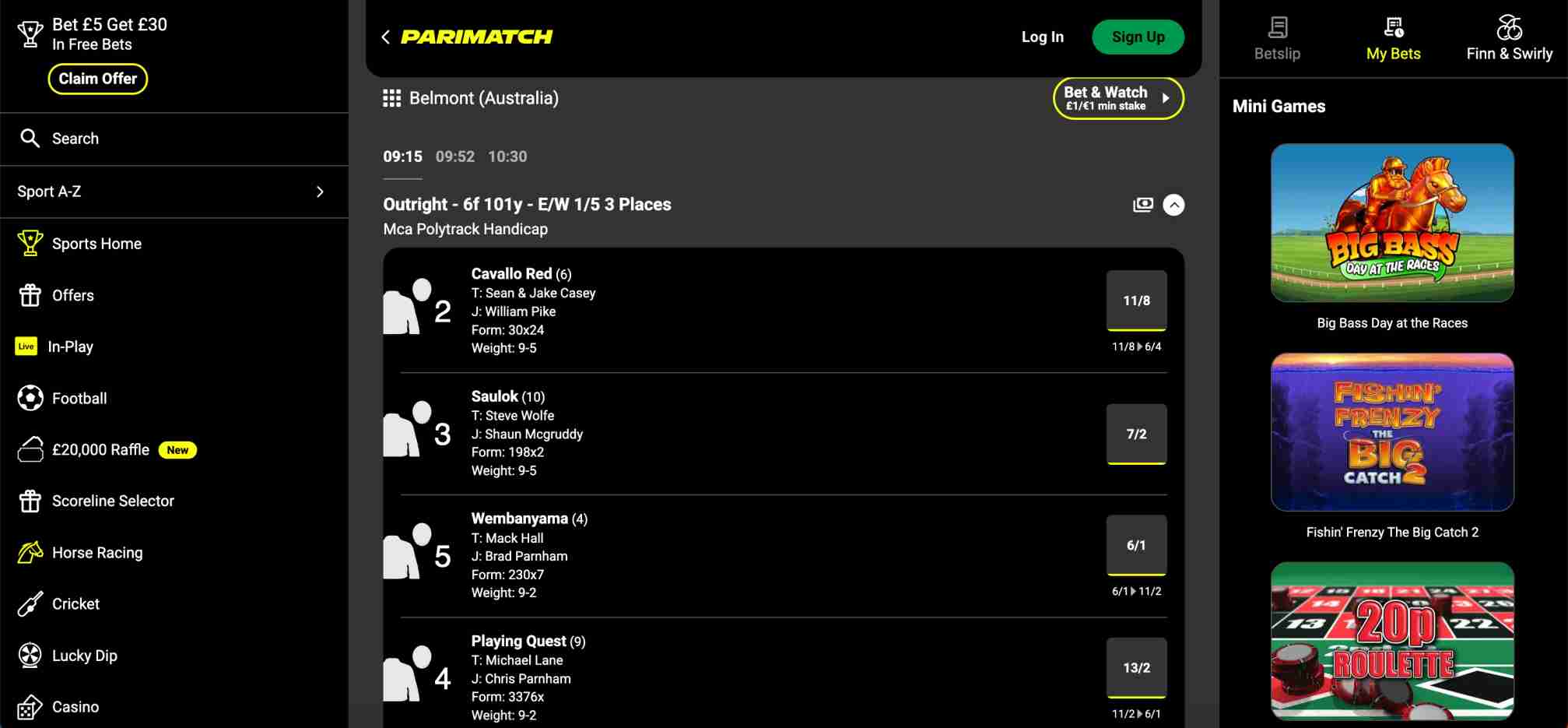 Horse racing odds and betting options on Parimatch, part of the user journey before considering withdrawal options like 'Parimatch can I withdraw to a different card'.