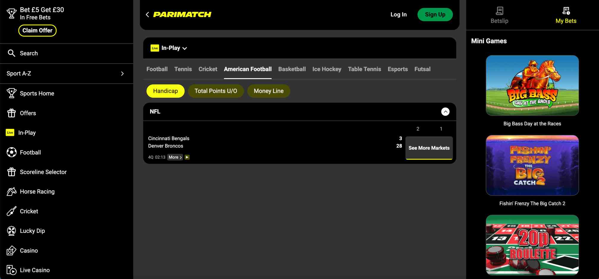Parimatch in-play American football betting markets showing live NFL scores and interface.