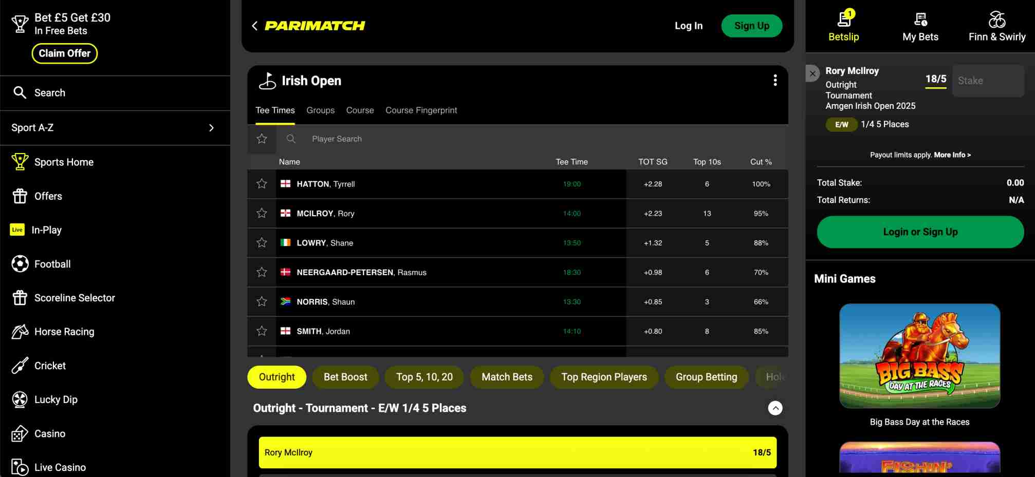 Parimatch Irish Open golf betting odds with Rory McIlroy and other players listed on the platform.