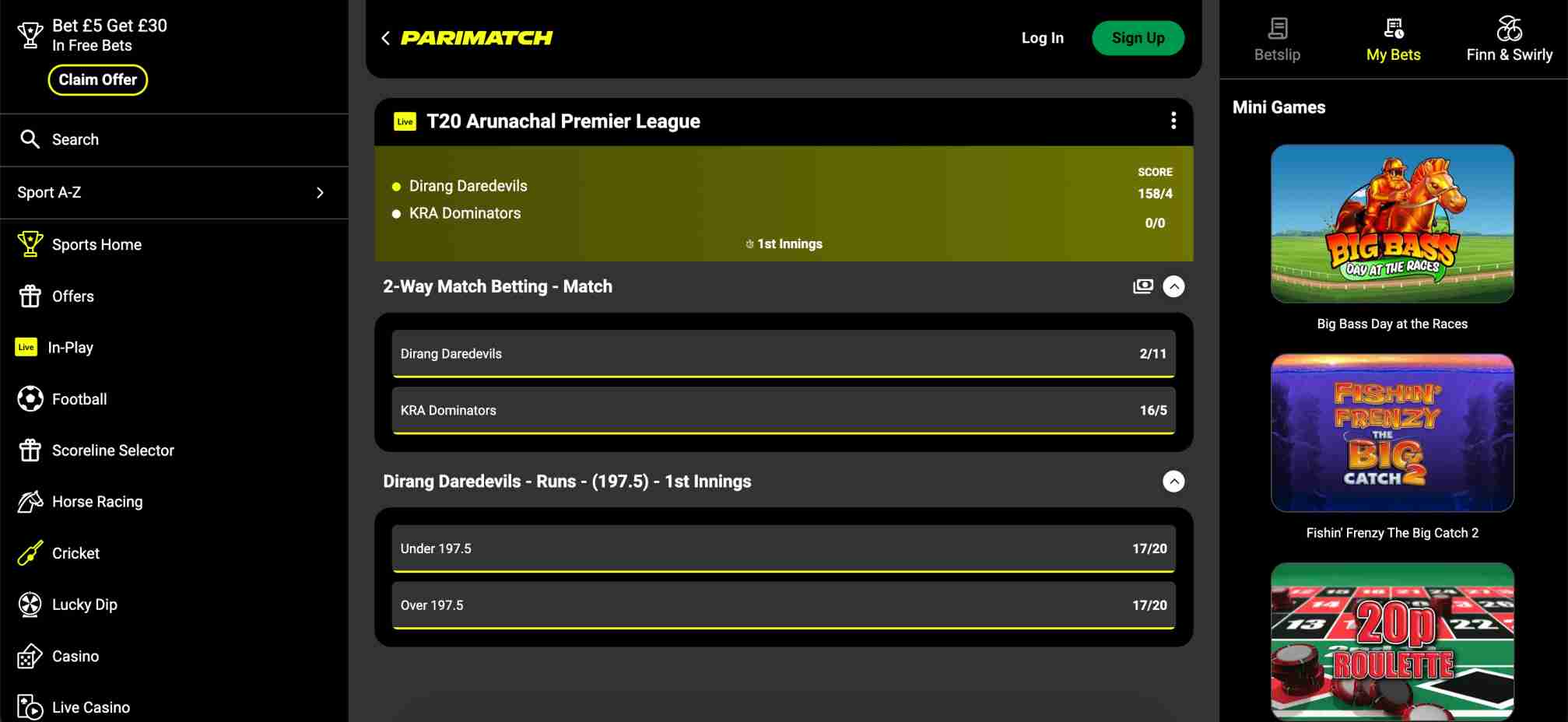 Parimatch live cricket betting screen with Arunachal Premier League match odds and deposit limit time frame visibility.