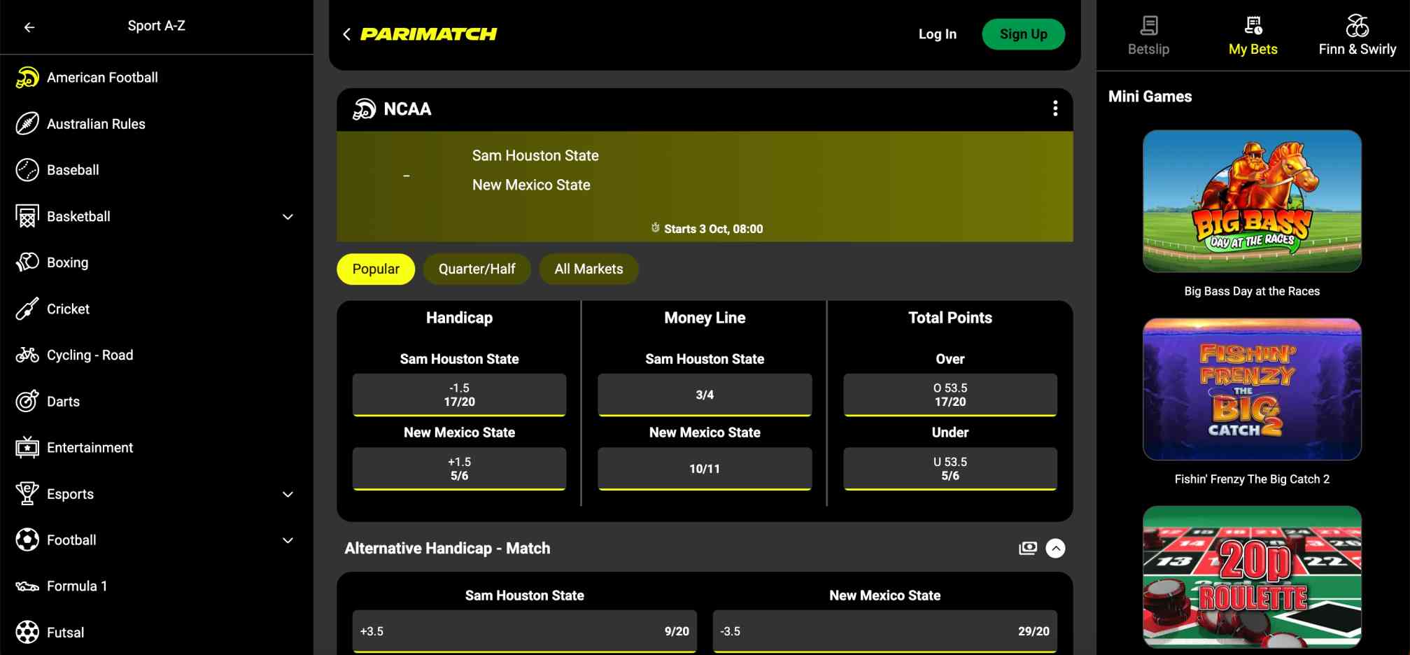 Parimatch betting odds for NCAA game Sam Houston State vs New Mexico State including handicap, money line, and total points markets.
