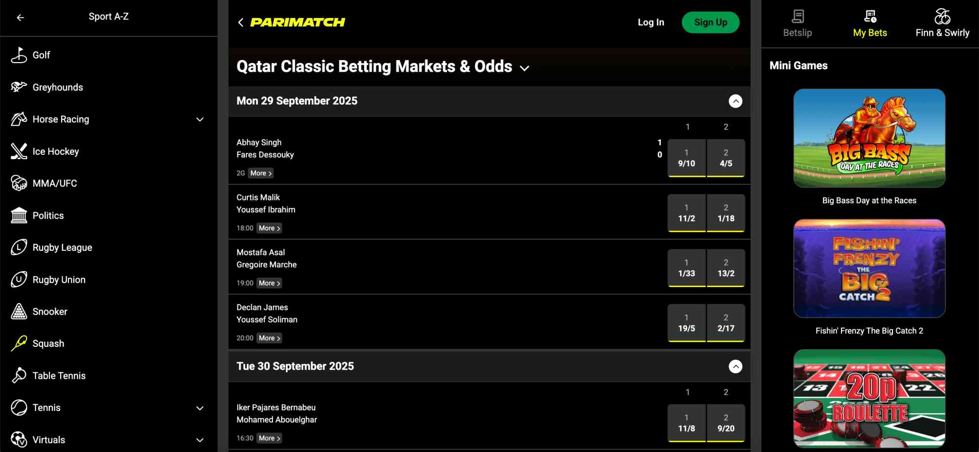 Parimatch betting markets and odds for Qatar Classic squash tournament displayed on sportsbook site