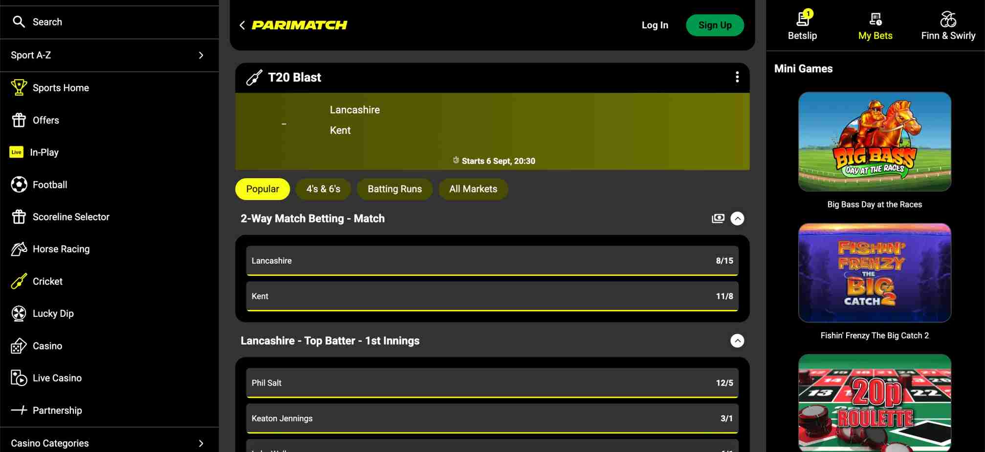 Parimatch T20 Blast cricket betting odds for Lancashire vs Kent with match and player markets