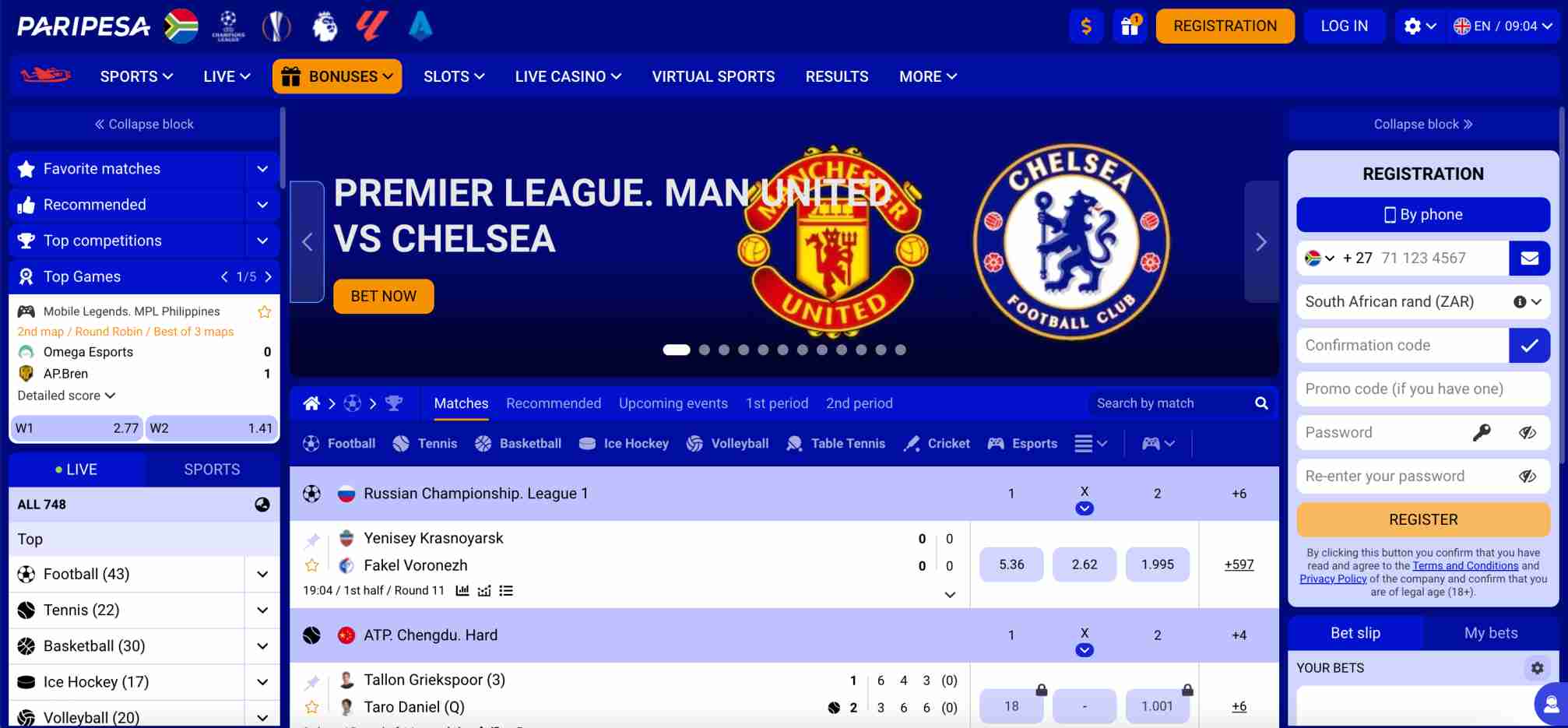 Paripesa betting platform with Premier League match odds for Manchester United vs Chelsea